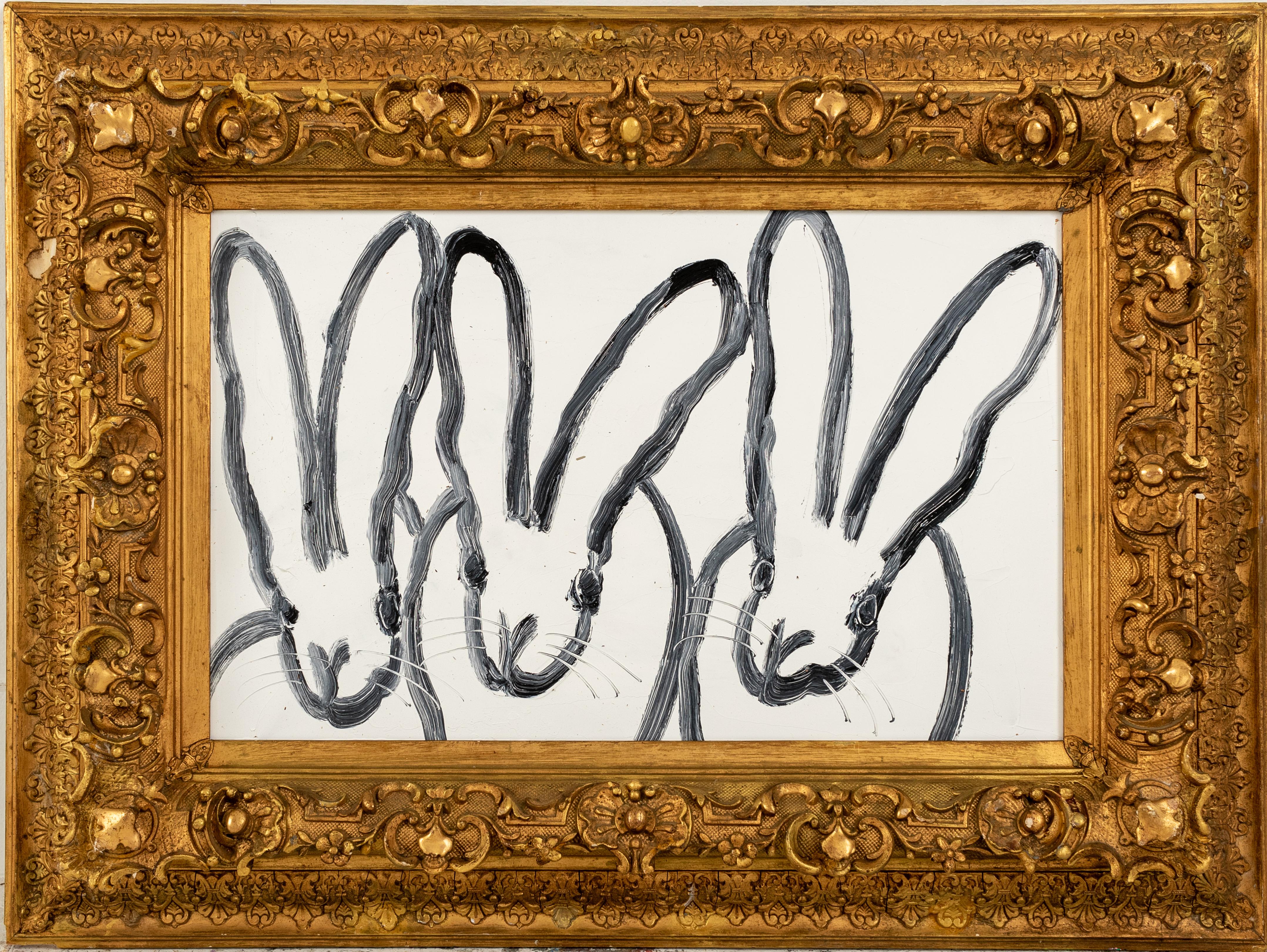 Hunt Slonem "Hutch" Tripple Bunnies
Black outlined bunnies on white background in gold antique frame

Unframed: 15 x 23.25 inches
Framed: 25 x 33.25 inches

Hunt Slonem is a well-renowned American artist is known for his neo-expressionist paintings