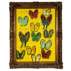 Hunt Slonem, "India Benares", Colorful Butterfly Oil Painting in Antique Frame