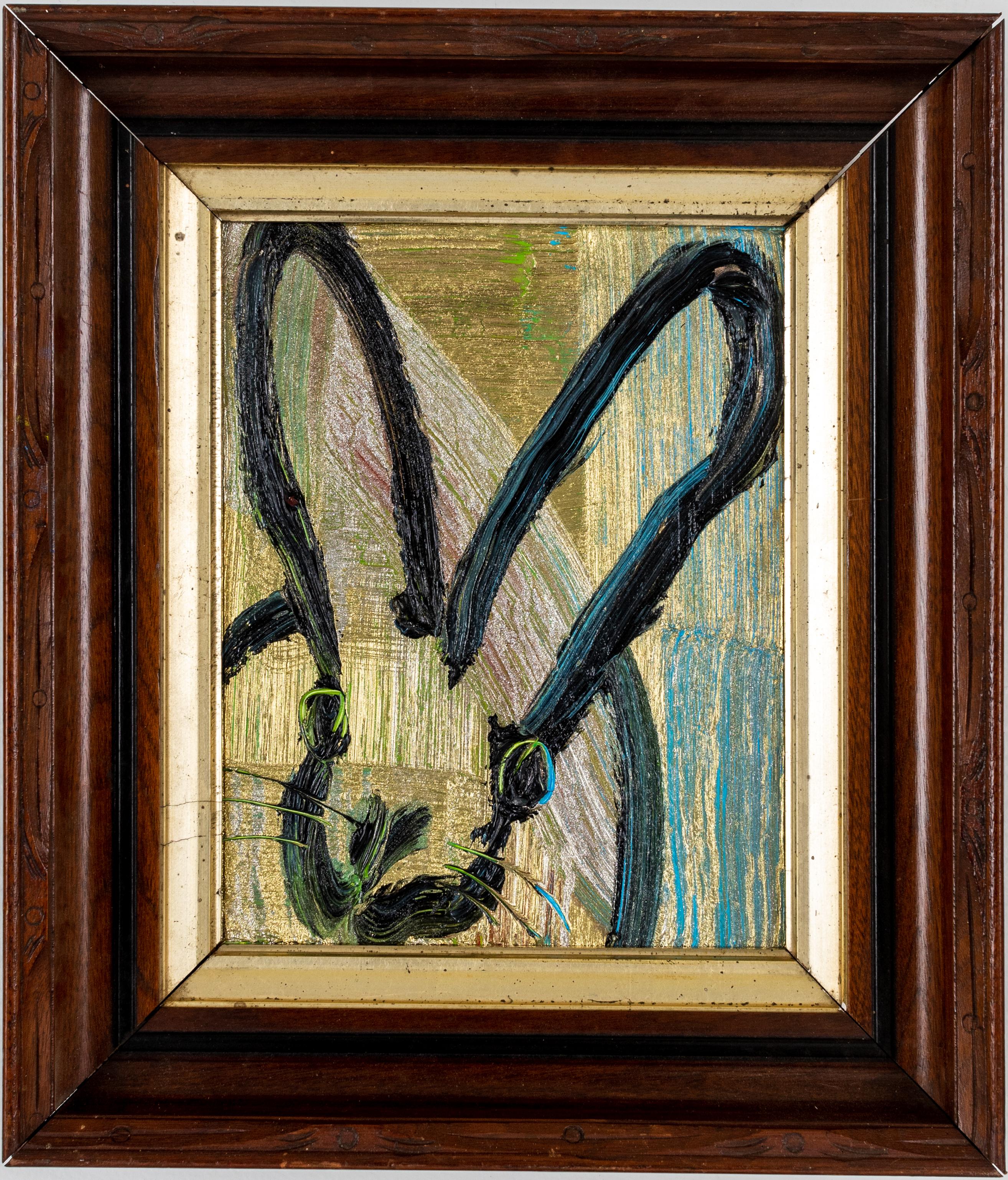 Hunt Slonem "Jacque" Metallic Bunny
Black outlined bunnies on a multicolored metallic background in an antique wood frame

Unframed: 10 x 8 inches  
Framed: 15 x 13 inches
*Painting is framed - Please note that not all Hunt Slonem frames are not in