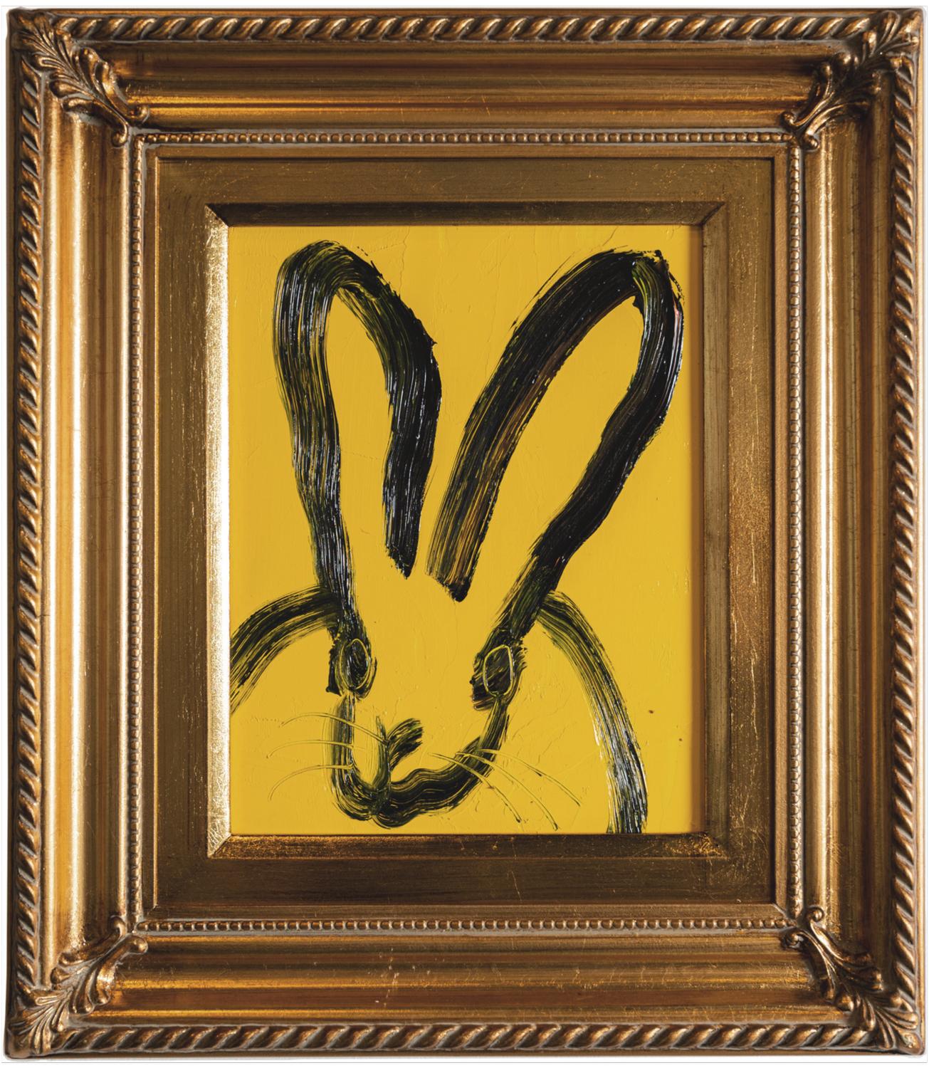 Renowned artist Hunt Slonem's "Jacqueline" is a 10x8 black bunny on yellow background oil painting on wood board of a contemporary abstract rabbit in his choice of antique framing.

*Painting is framed - Please note that not all Hunt Slonem frames