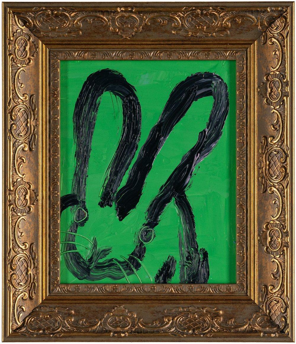 Renowned artist Hunt Slonem's "Jane" is a 10x8 oil painting on wood board of a single contemporary abstract rabbit in black against a deep green background.

*Painting is framed - Please note that not all Hunt Slonem frames are in mint condition.