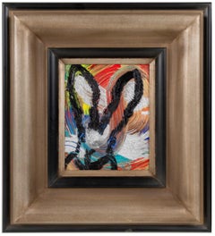 Hunt Slonem, "Joy" Multicolor Bunny Oil Painting on Board in Antique Frame, 2021