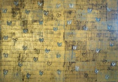 Hunt Slonem "La Fouche" Blue And White Butterflies On Gold Metallic