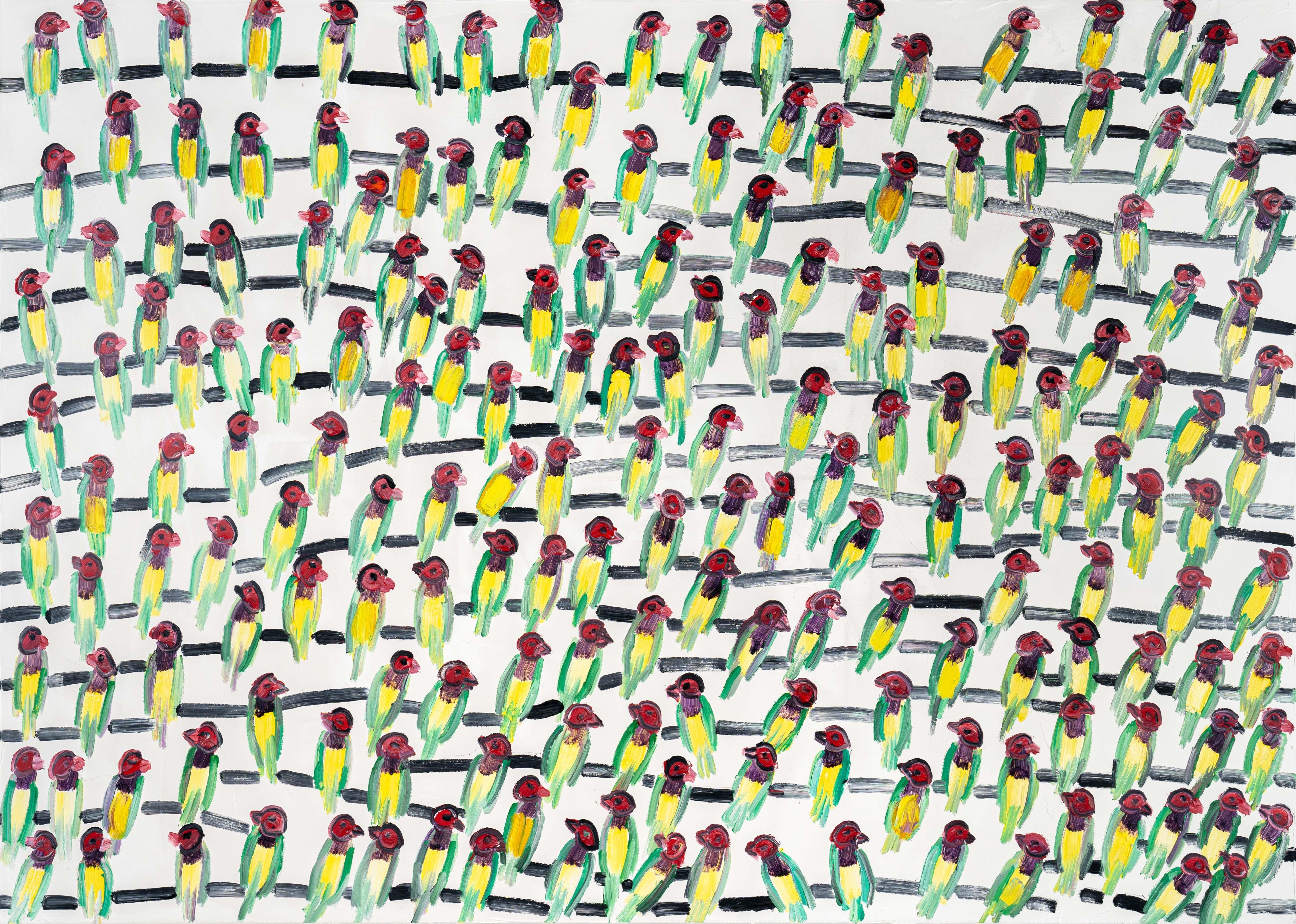 Hunt Slonem "Lady Gouldians (Australia)" Multicolor Birds on White Background
A group of finches in red, yellow and green with branches on a white background
Canvas 50 x 70 inches
Unframed (framing options available)

Hunt Slonem is a well-renowned