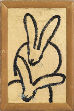 Hunt Slonem "Late Date" Neoexpressionist Bunnies Framed Oil on Wood Painting
