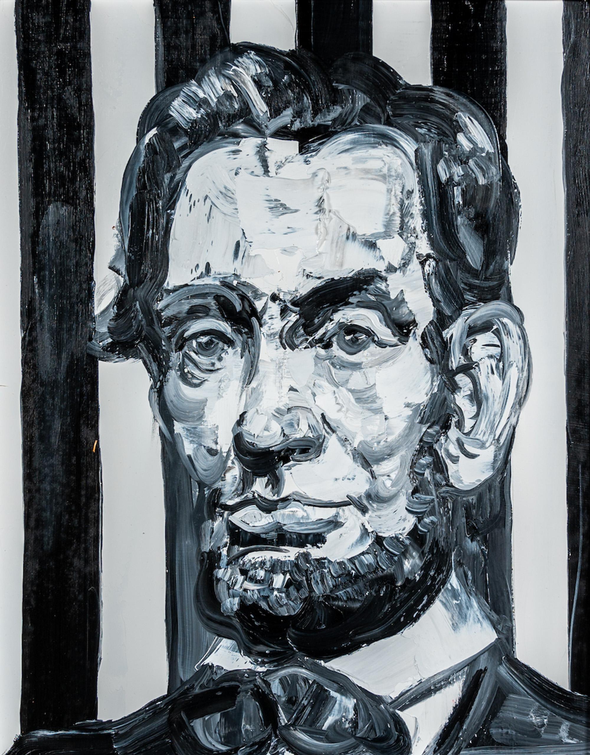 Hunt Slonem: „Lincoln Black & White“, Porträt, Öl auf Holz, gerahmtes Gemälde im Angebot 2