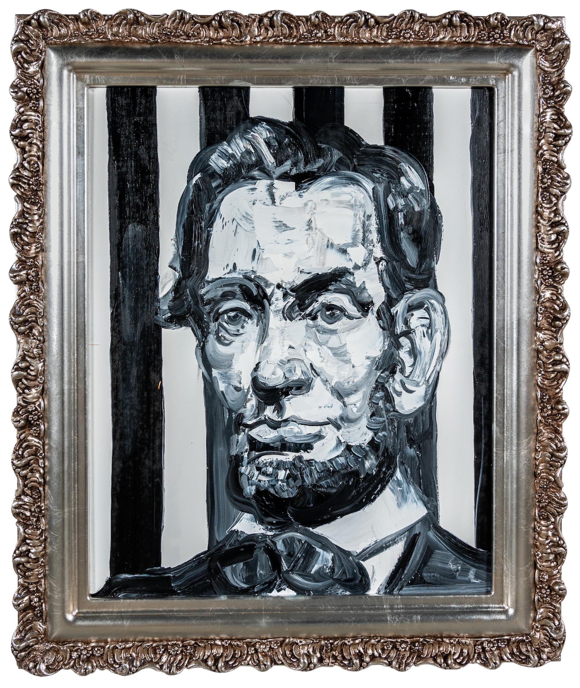 "Lincoln Black & White" is a framed oil painting on wood by Hunt Slonem, depicting President Abraham Lincoln amid a striped monochromatic background. 

This piece is finished in an antique frame, which has been hand-selected by the artist for this