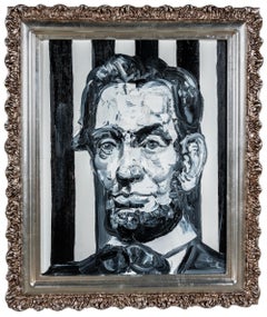 Hunt Slonem "Lincoln Black & White" Portrait Huile sur Wood Encadré Peinture