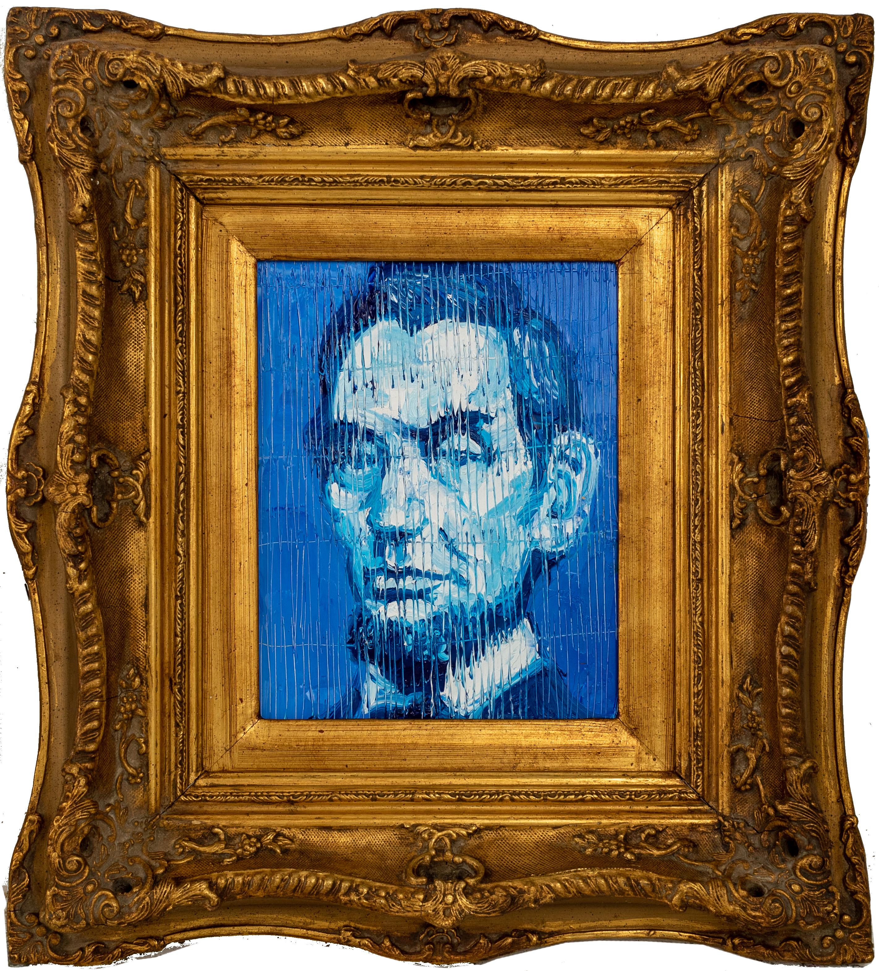 Hunt Slonem "Lincoln" Blue Abraham Lincoln Portrait 
Blue portrait of Abraham Lincoln in an antique frame   

Unframed: 10 x 8 inches 
Framed: 19.5 x 18 inches 
*Painting is framed - Please note that not all Hunt Slonem frames are not in mint