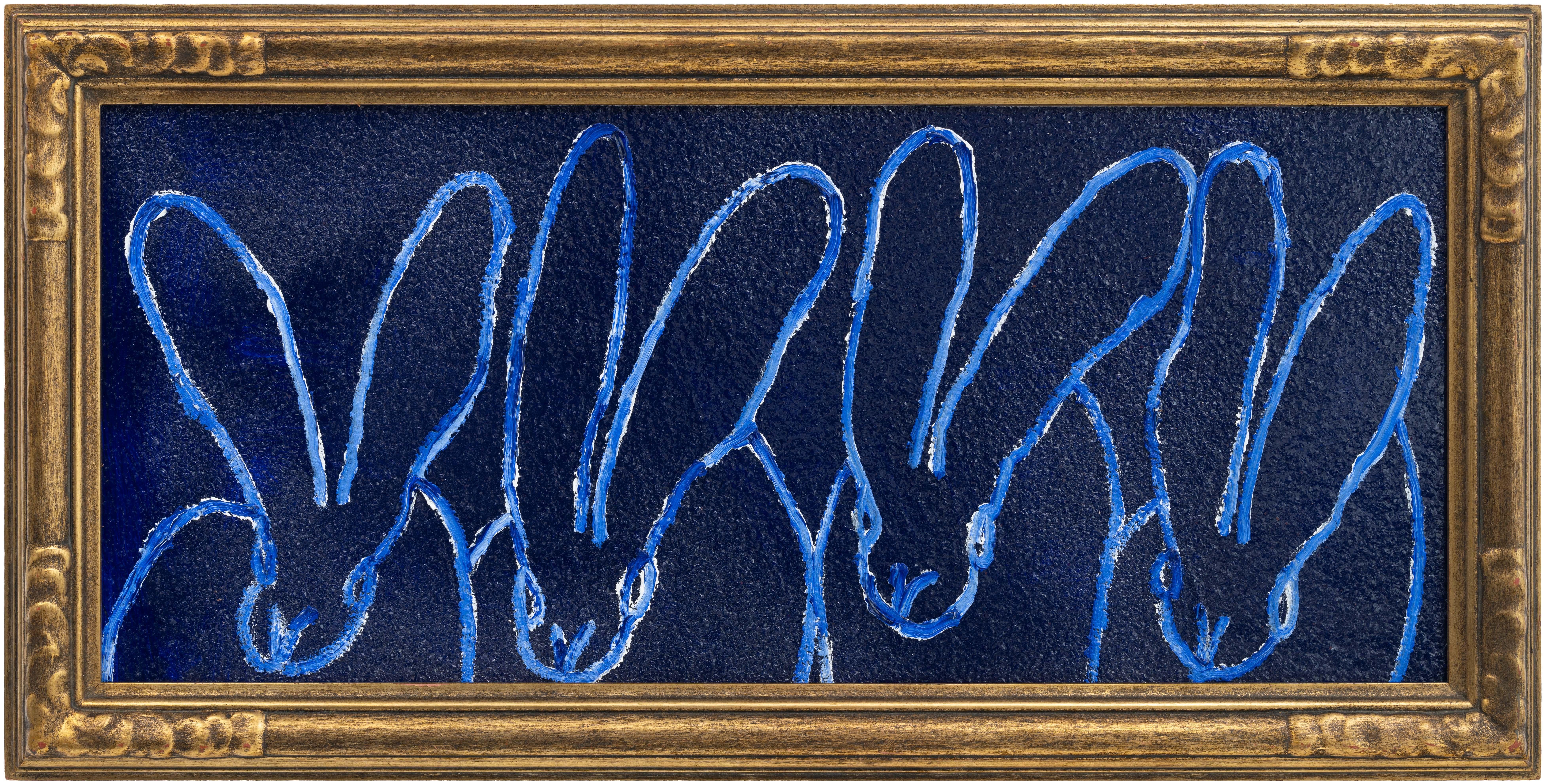 Hunt Slonem "Line Up Blues" Four Bunnies on Blue Diamond Dust
A group of four rabbits gestured in light blue on a dark blue Diamond Dust background

Unframed: 13.5 x 30 inches
Framed: 17.5 x 34 inches
*Painting is framed - Please note Hunt Slonem
