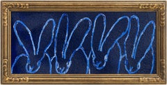Hunt Slonem "Line Up Blues" Four Bunnies on Blue Diamond Dust