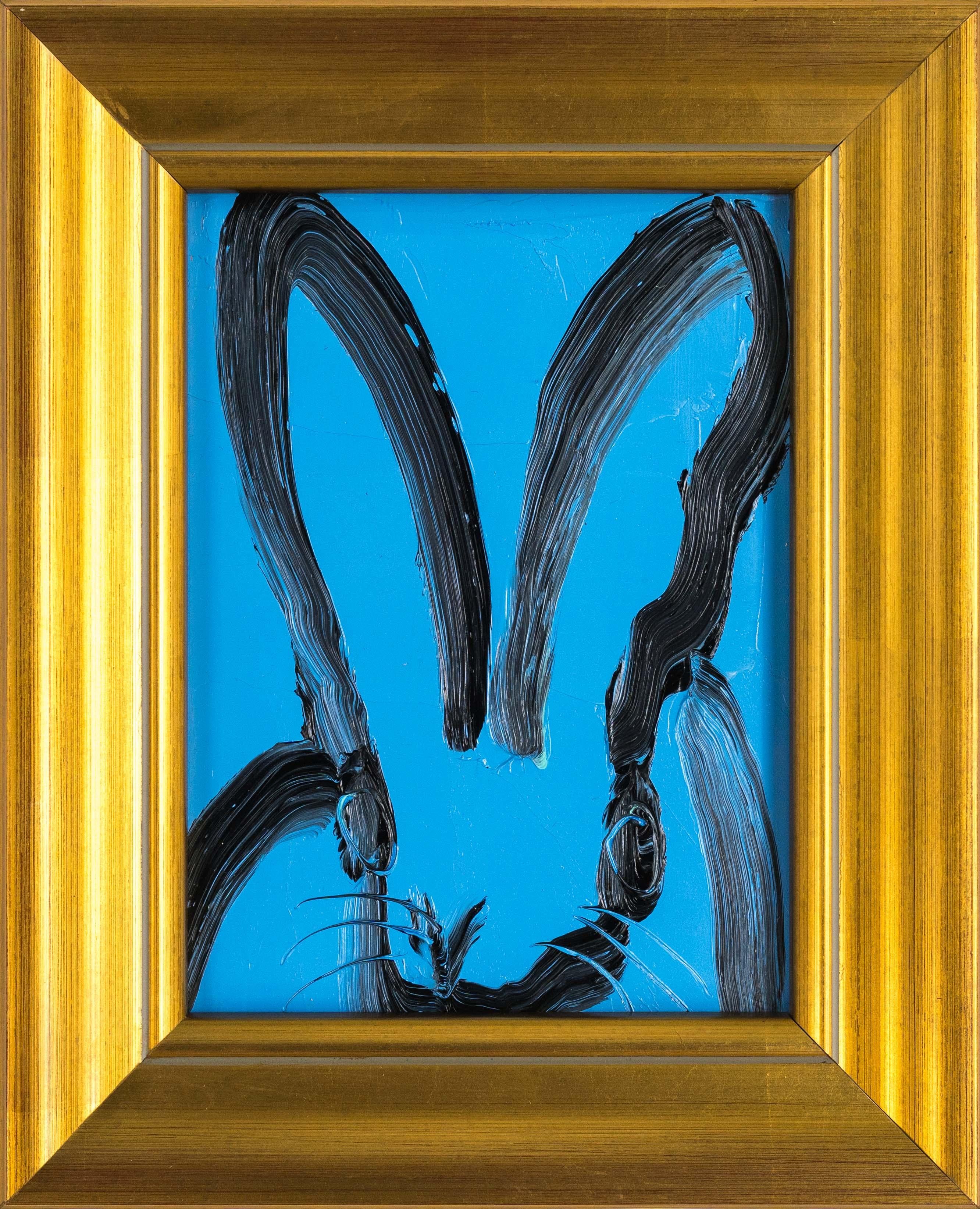 Hunt Slonem "Looking Glass" Coniglietto con contorno nero su blu