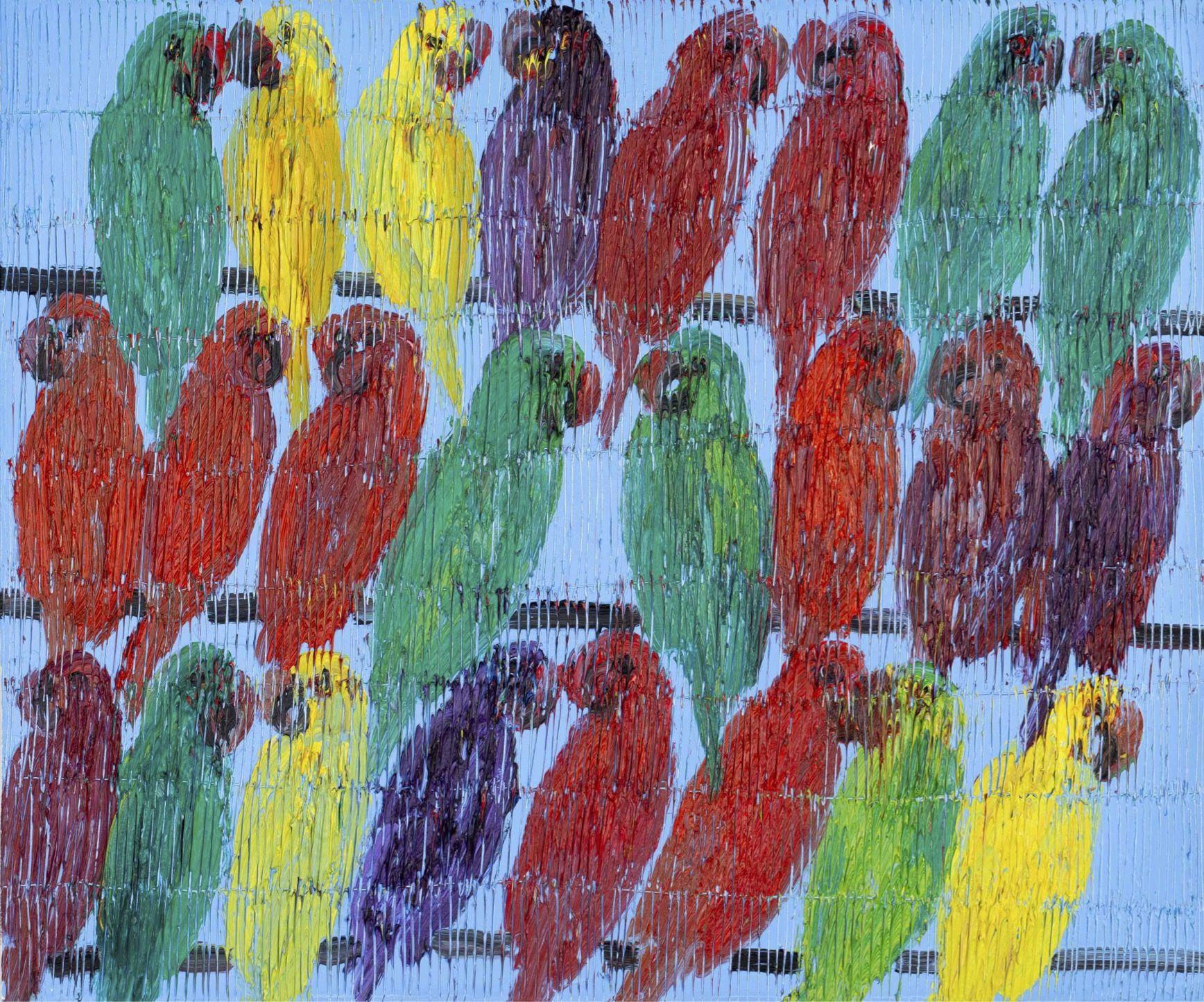 Hunt Slonem, "Lories", 30x36 Multicolor texturierte Vogel Ölgemälde auf Leinwand