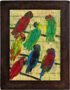 Hunt Slonem "Lories & Amazons" Multicolor Papageien auf metallischem Hintergrund