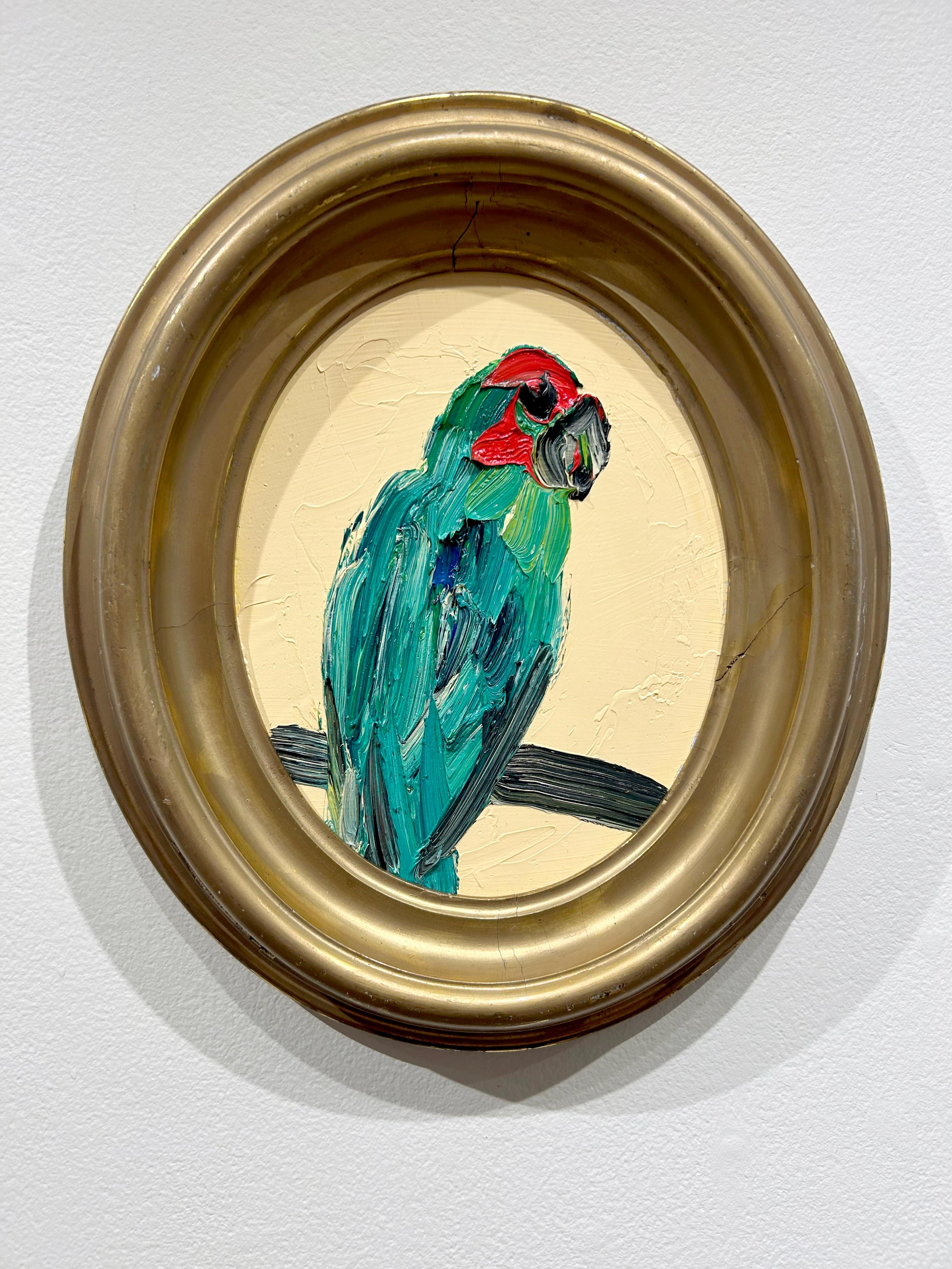 Hunt Slonem, „Lory“, ovales Luftfahrtgemälde auf Karton, 10x8 Grüner Papagei, oval im Angebot 1