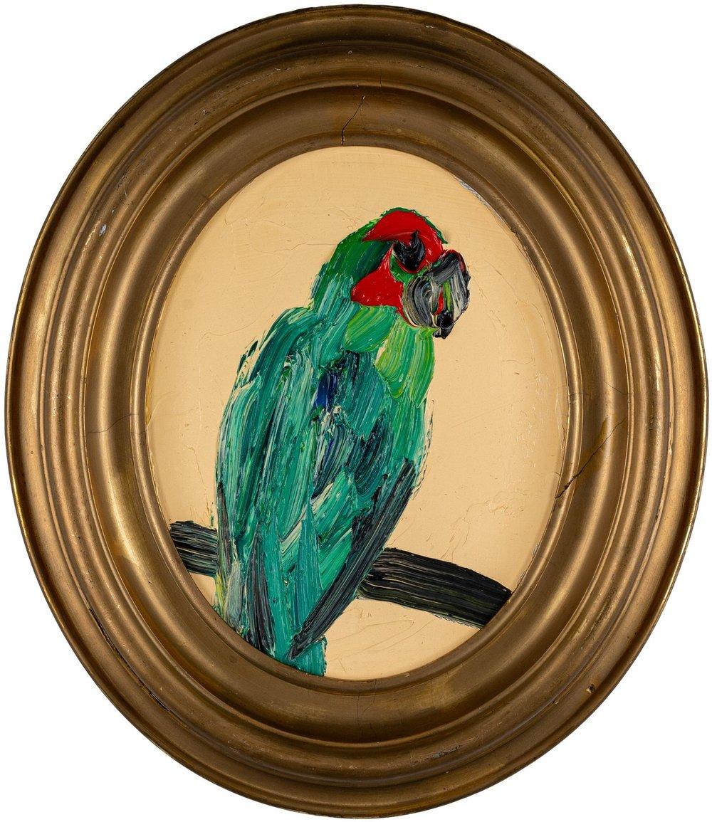 Renowned artist Hunt Slonem's "Lory" is a 10x8 colorful oil painting on wood board of an abstract parrot in green and red against a peach-colored background. A thick application of paint combined with Slonem's antique framing lends a hand in giving