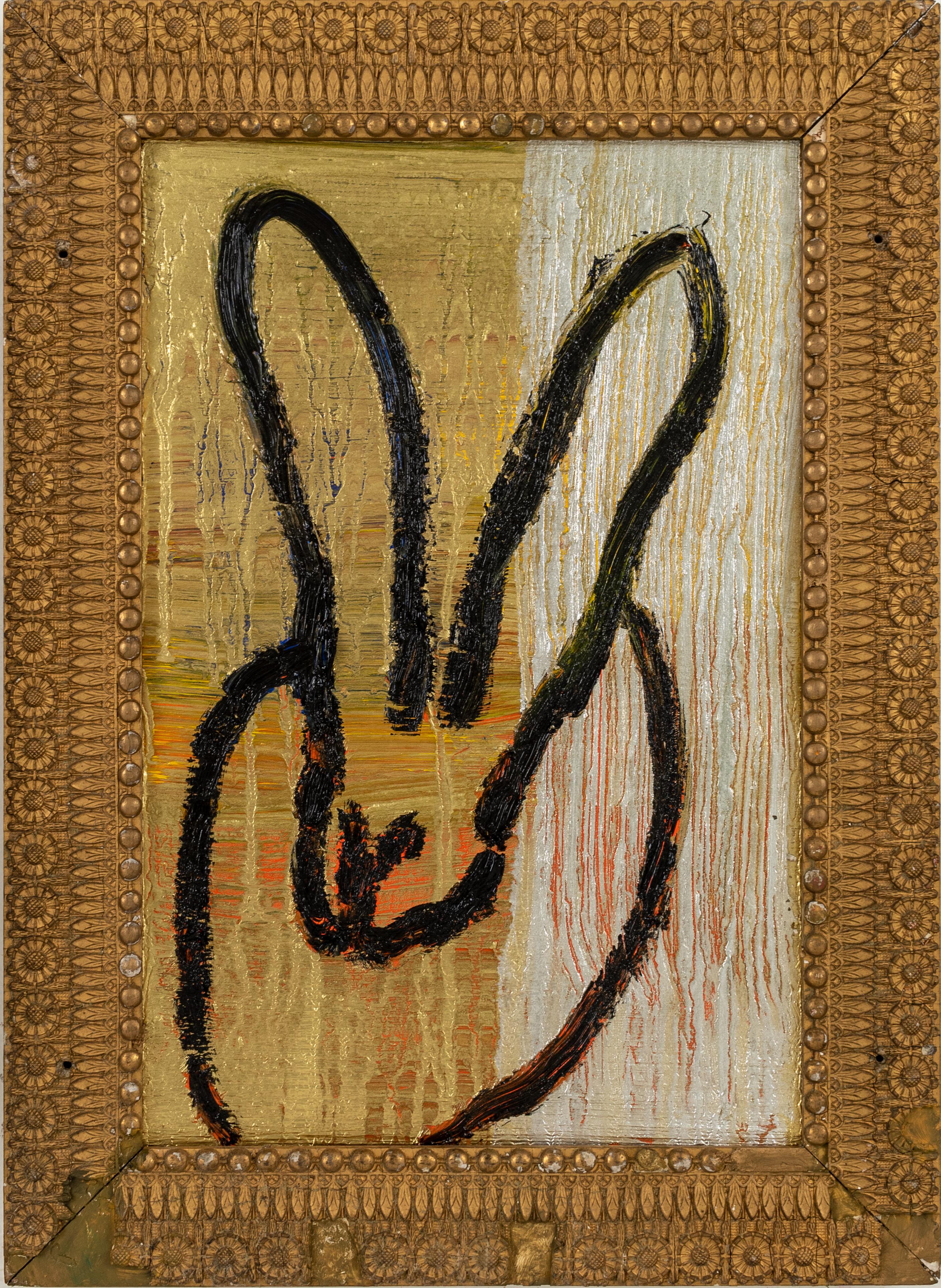Hunt Slonem "Magic Moment" Gold & Silver Metallic Bunny
Black outlined bunny on a gold, silver, and red metallic background in an antique frame

Unframed: 19 x 12.5 inches 
Framed: 23.25 x 17 inches 
*Painting is framed - Please note that not all