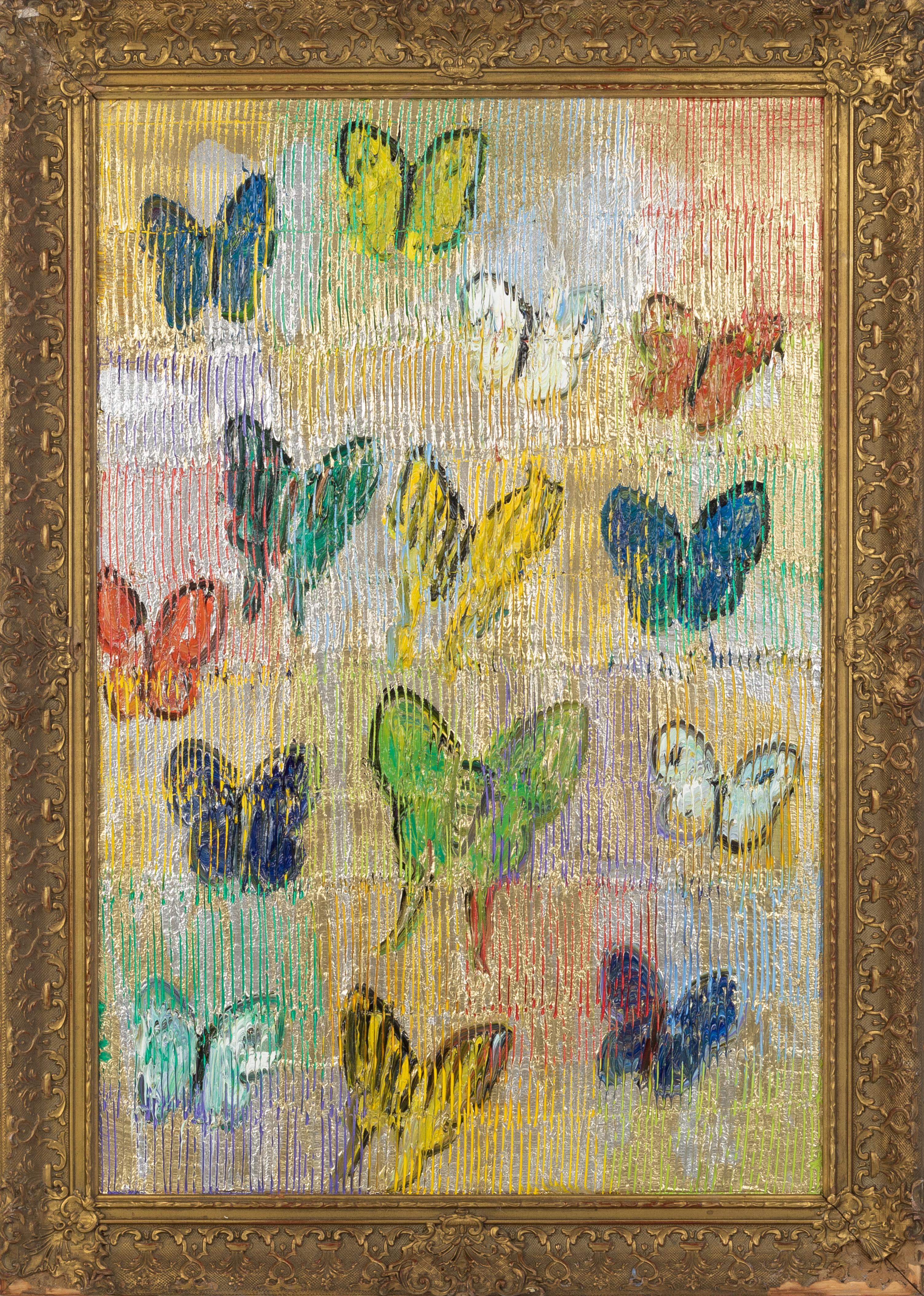 Hunt Slonem "Malechite" Metallic Multicolored Butterflies
Multicolored butterflies on metallic gold / silver / multicolored surface in a gold ornate frame  

Unframed: 36 x 24 in.  
Framed: 42 x 30 in. 
*frame included*  

Hunt Slonem is a