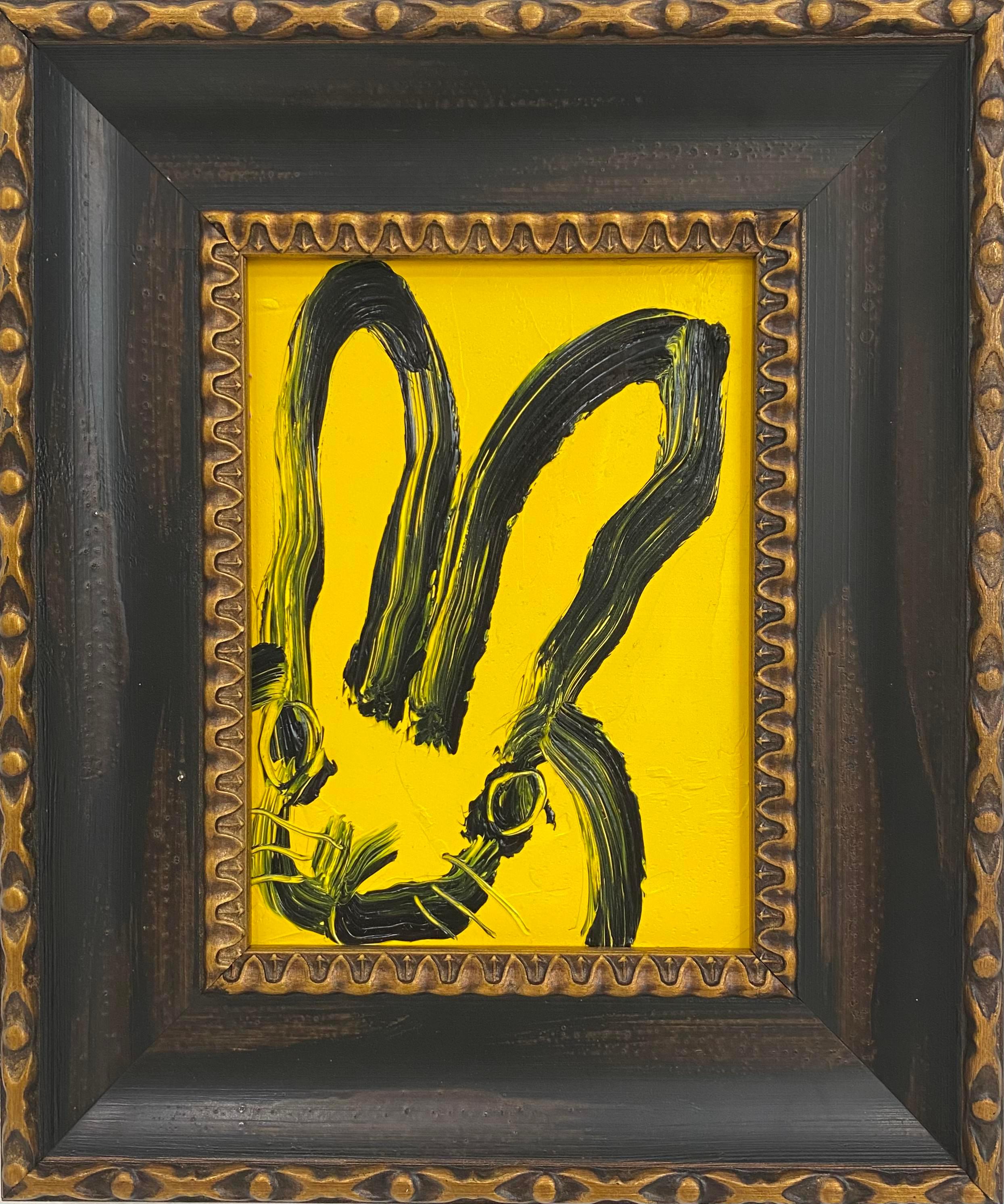 Hunt Slonem "Mandeville" Schwarz-Gelbes Kaninchen
Ein einzelnes Kaninchen gestikuliert in schwarz auf einem gelben Hintergrund in einem Vintage-Rahmen

Ungerahmt: 8 x 6 Zoll
Gerahmt: 12,5 x 10,5 Zoll
*Gemälde ist gerahmt - Bitte beachten Sie Hunt