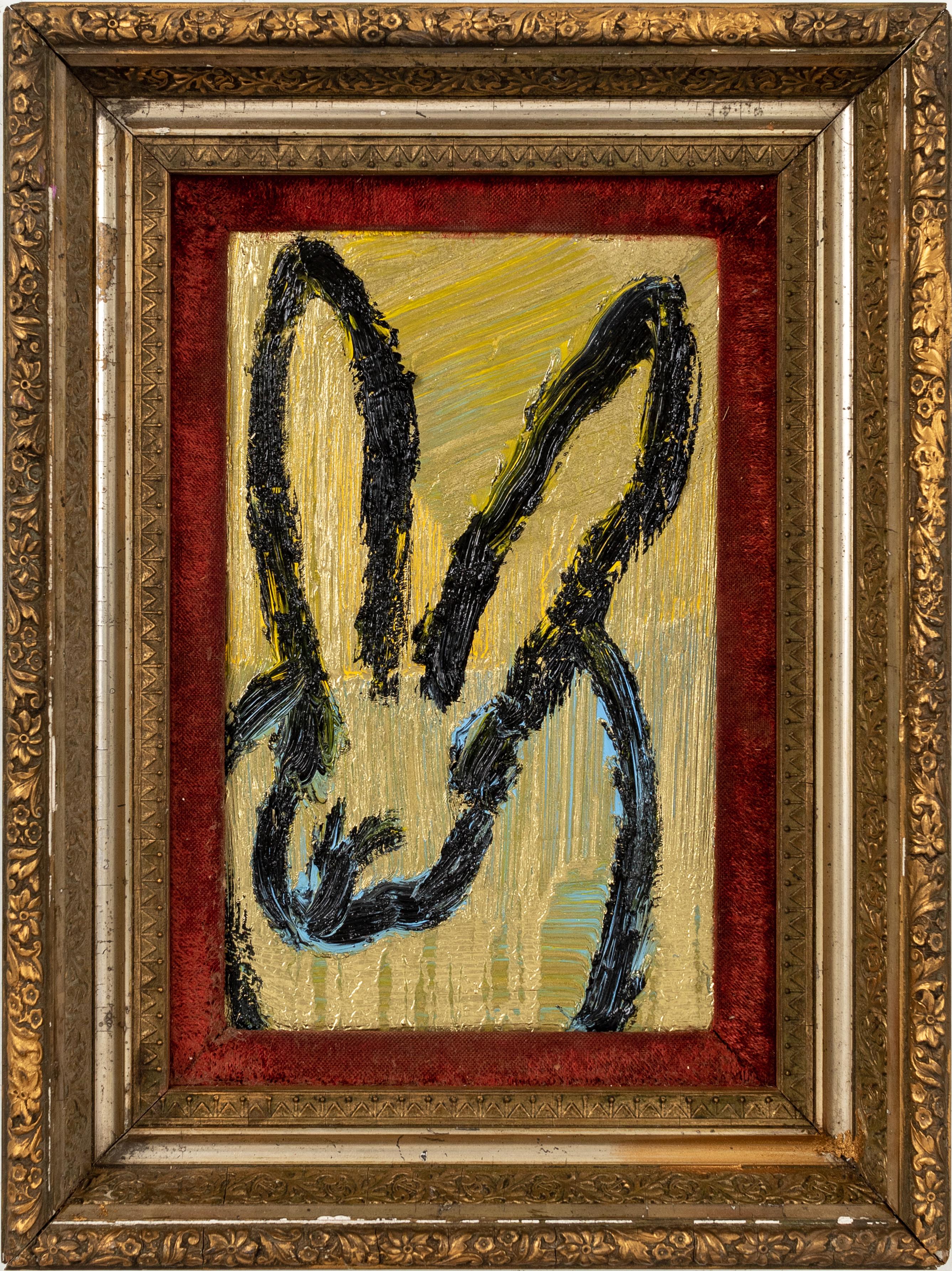 Hunt Slonem "Martin" Gold Metallic Bunny
Black outlined bunny on gold and light blue metallic background in an antique frame 

Unframed: 12 x 7.5 inches 
Framed: 17.75 x 13.25 inches 
*painting is framed*  

Hunt Slonem is a well-renowned American
