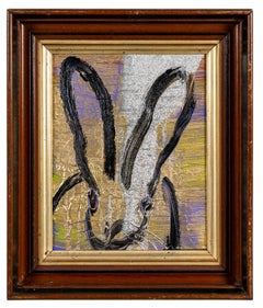 Hunt Slonem "Marty" Black Outline Bunny On Gold And Silver