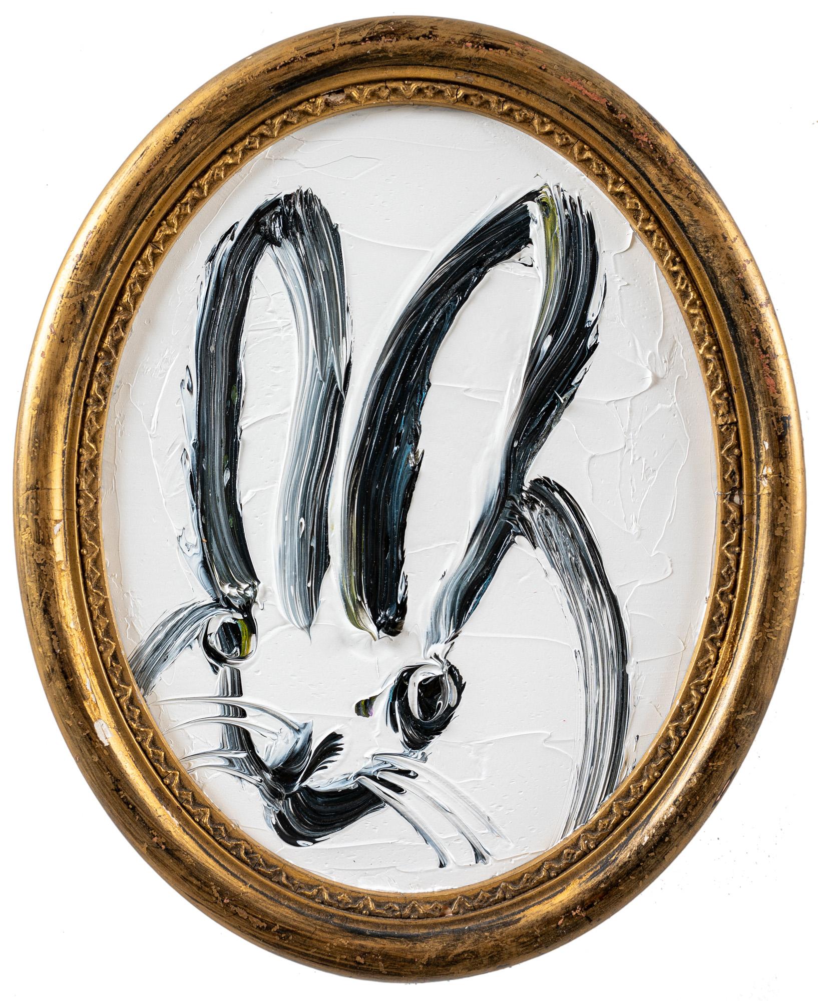 "Max" is a framed oil painting on wood by Hunt Slonem, depicting a lone rabbit in painterly contour lines set against a simple white background. 

This piece is finished in an antique frame, which has been hand-selected by the artist for this