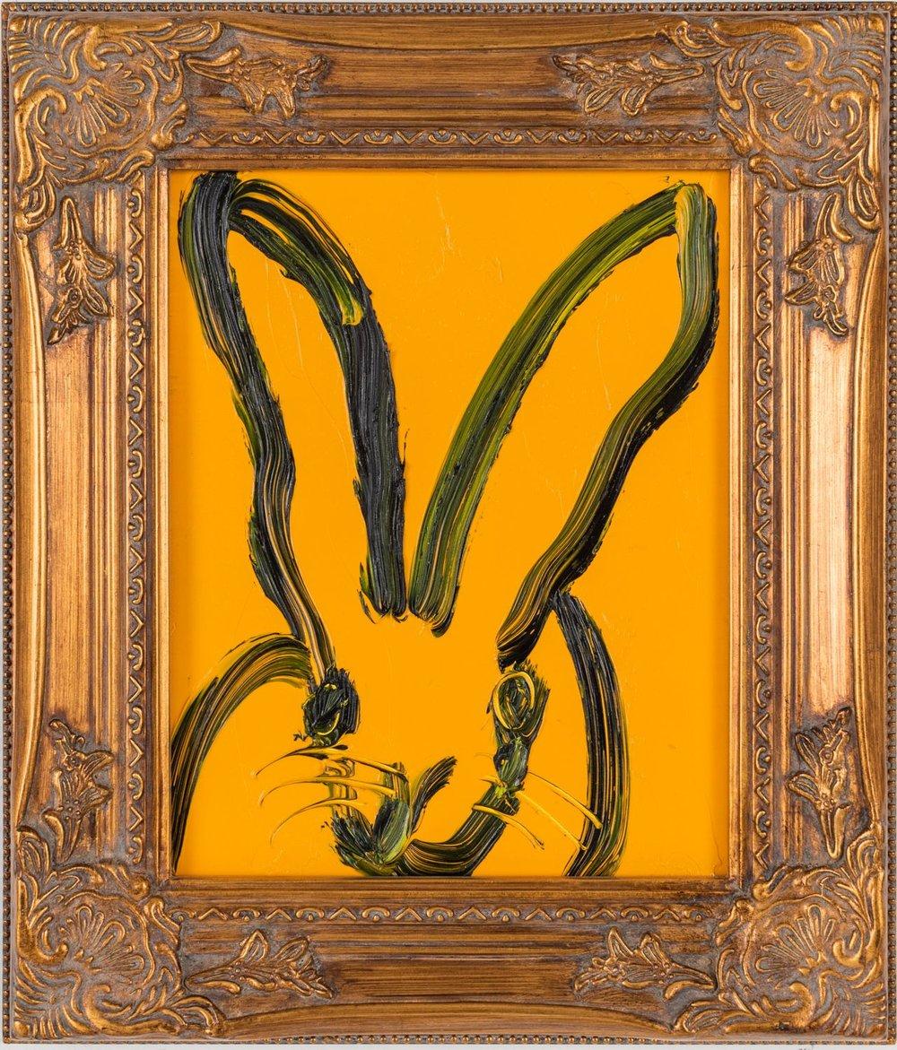 Renowned artist Hunt Slonem's "Melon" is a 10x8 oil painting on wood board of a single contemporary abstract rabbit in black against a orange background.

*Painting is framed - Please note that not all Hunt Slonem frames are in mint condition. There