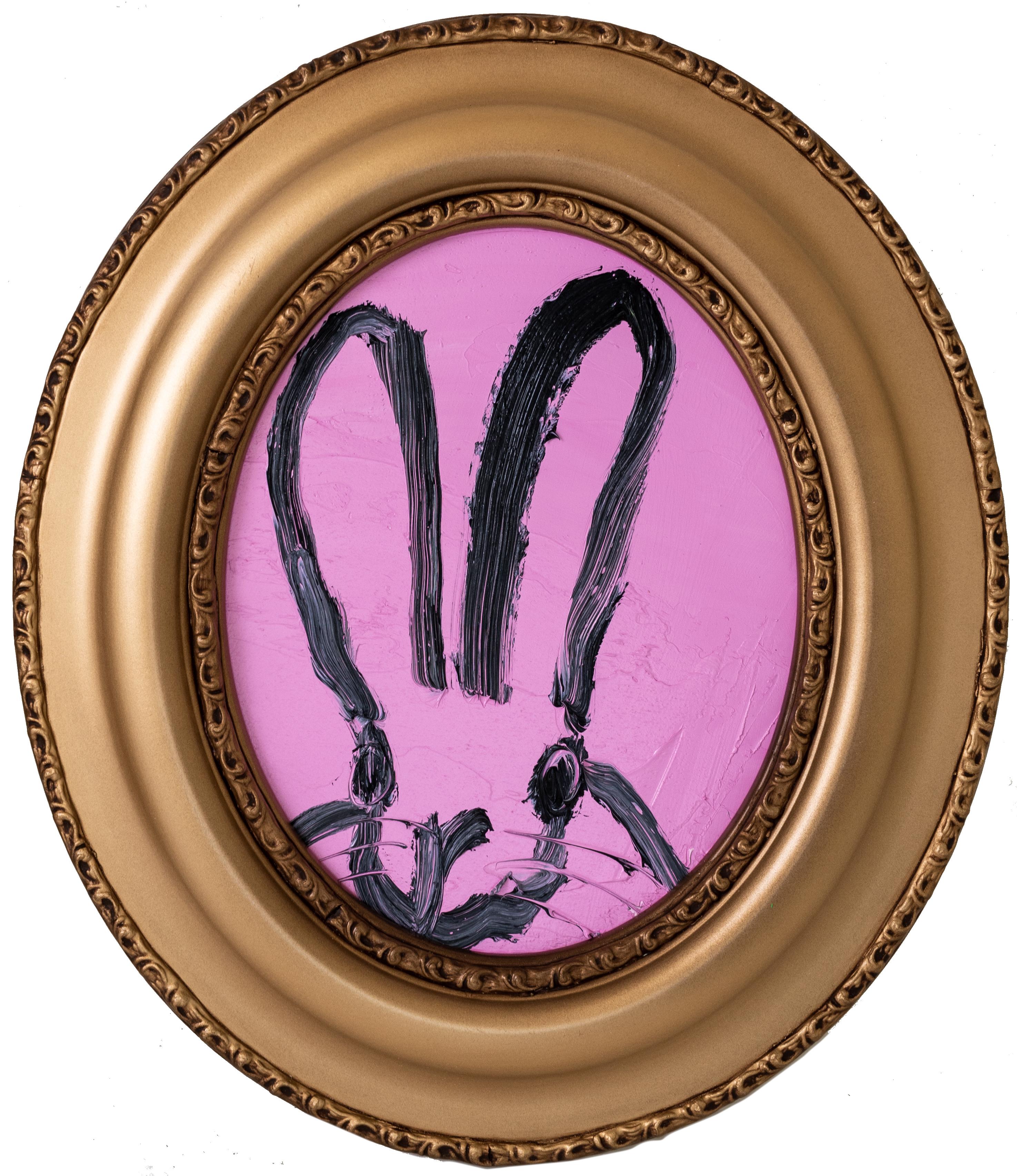 Hunt Slonem "Merlin" Pink Oval Bunny
Black gestured bunny on a pink background in an antique oval frame

Unframed: 10 x 8 inches  
Framed: 15 x 13 inches
*Painting is framed - Please note that not all Hunt Slonem frames are not in mint condition.