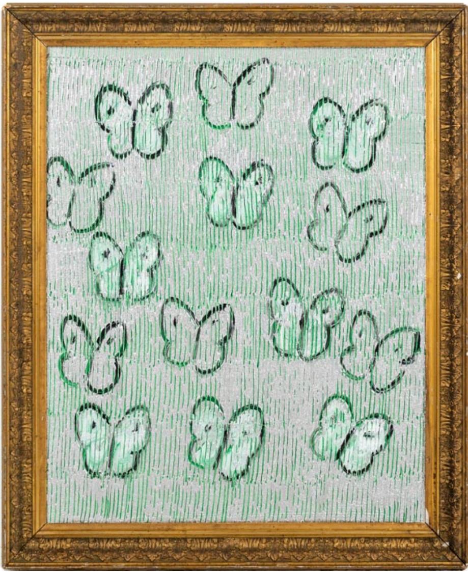 Renowned artist Hunt Slonem's "Mint" is a 30x24 metallic silver scored oil painting on wood board of contemporary abstract butterflies in white and green. 

*Painting is framed - Please note that not all Hunt Slonem frames are in mint condition.