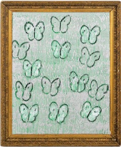Hunt Slonem, "Mint", 30x24 Silver and Green Textured Butterfly Oil Painting