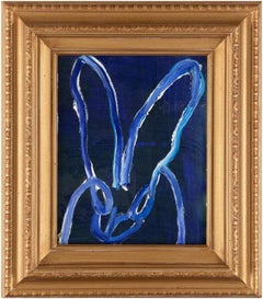 Hunt Slonem "Mirror" Dark Blue Bunny Oil on Resin Painting on Board, 2019