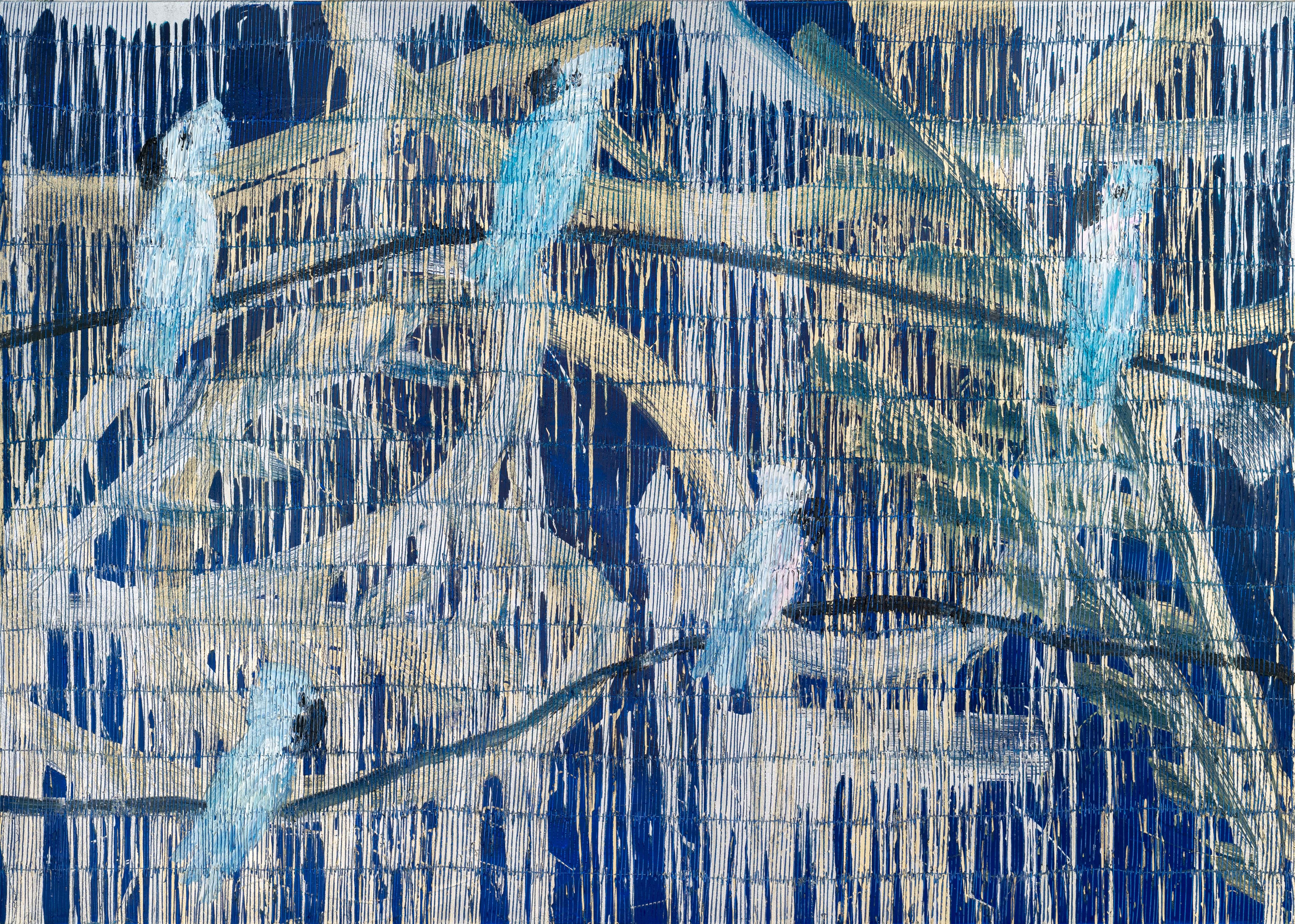 Hunt Slonem "Monsoon 5 Cockatoos" Birds on Blue and Metallic Background