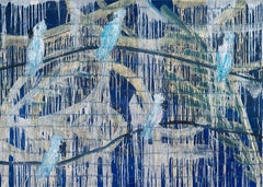 Hunt Slonem "Monsoon 5 Cockatoos" Birds on Blue and Metallic Background