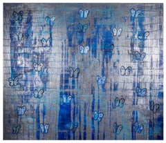 Hunt Slonem "Monsoon Ascension" Butterflies on Scored Blue Metallic Background