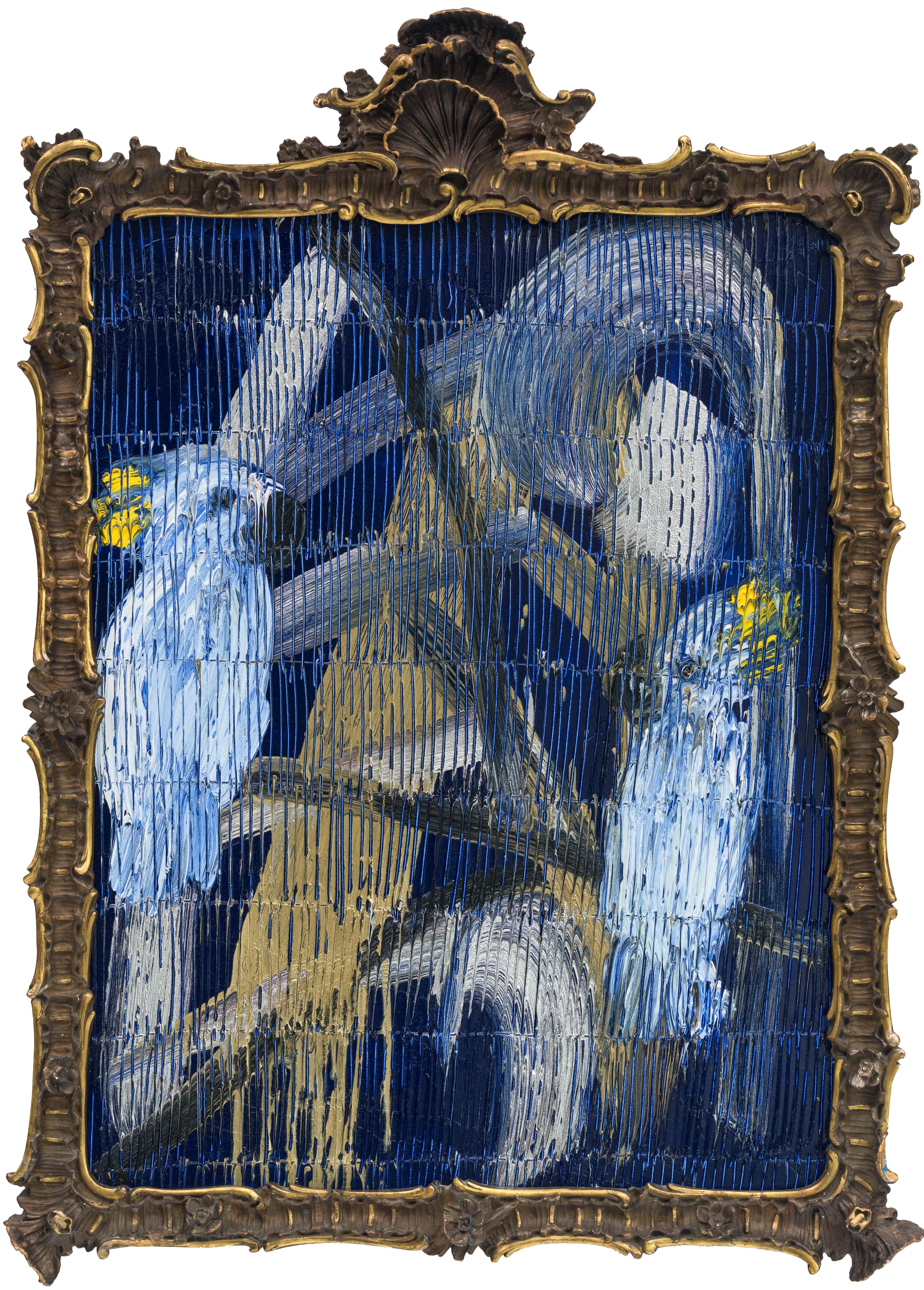 Hunt Slonem "Monsoon Tomorrow" Perroquets cacatoès sur fond bleu métallisé
Un couple d'oiseaux gesticulant en blanc et jaune sur un fond bleu, or et argent dans un cadre vintage.

Sans cadre : 28 x 22 pouces
Encadré : 35.5 x 3.5 x 25.5 pouces
*Les
