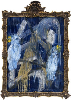 Hunt Slonem "Monsoon Tomorrow" Perroquets cacatoès sur fond bleu métallisé