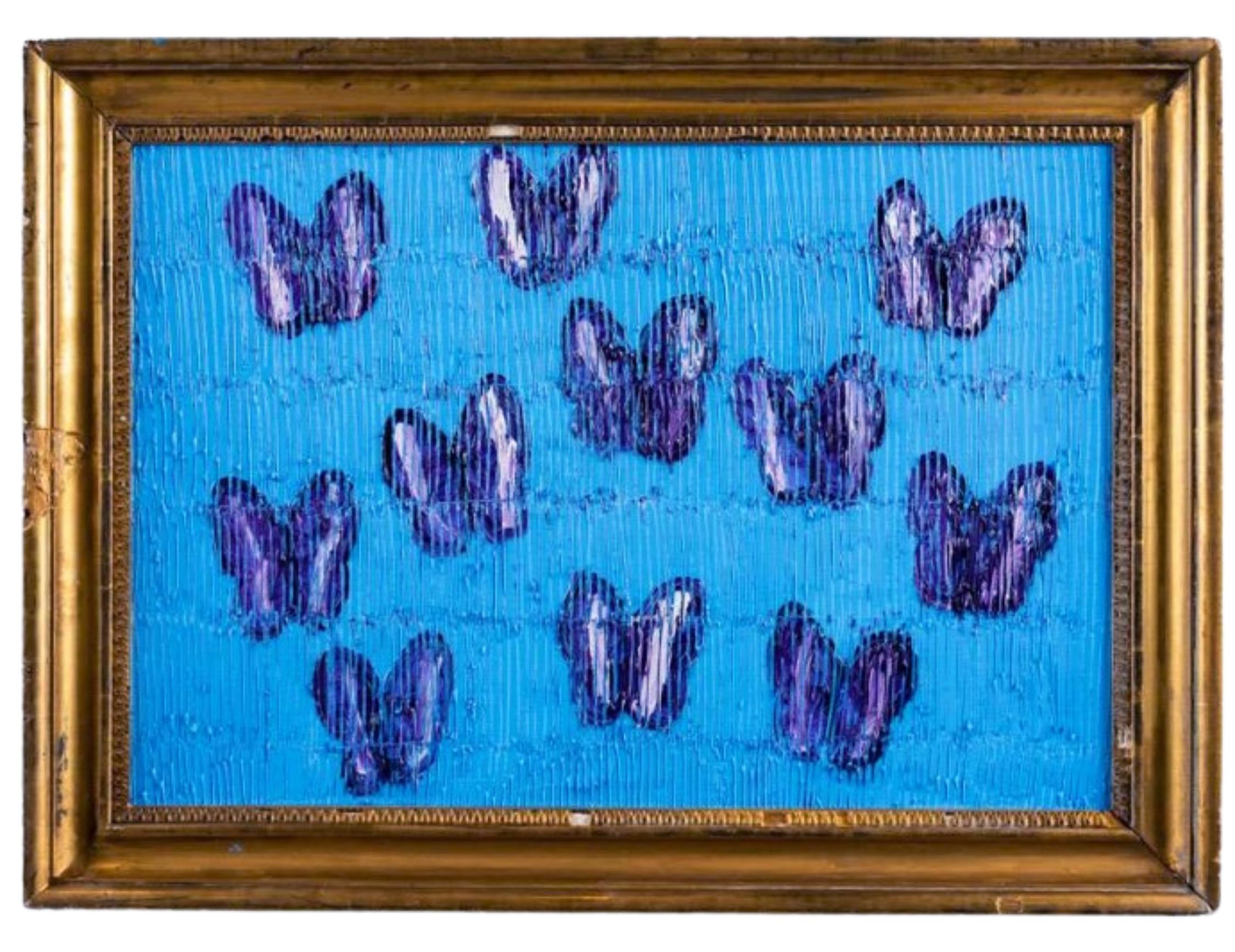 Renowned artist Hunt Slonem's "Morning Cloaks Migration" is a 20 1/2 x30 colorful blue scored oil painting on wood board of contemporary abstract butterflies in purple finished in his choice of antique framing. 

*Painting is framed - Please note