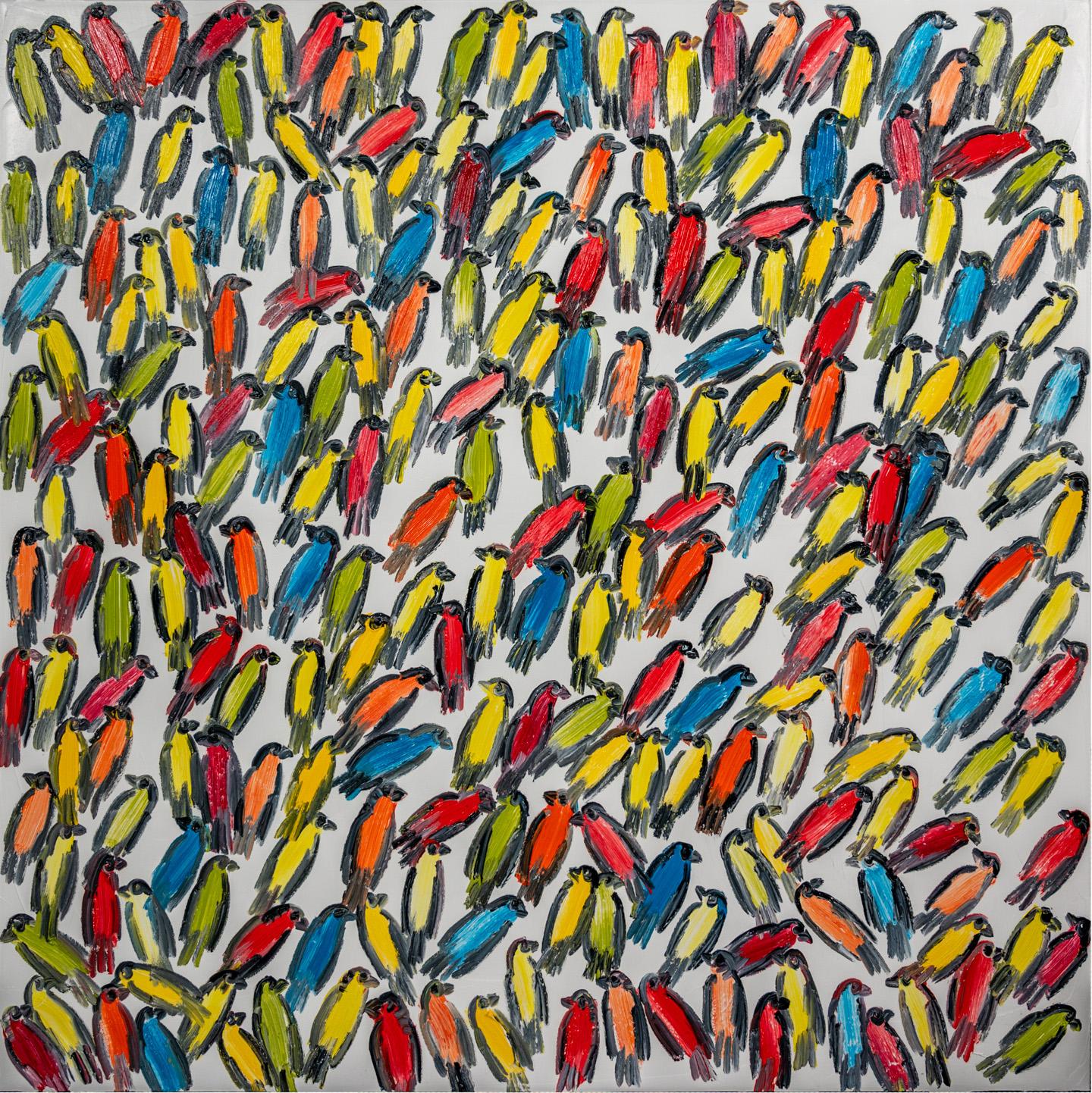 finken" von Hunt Slonem, 2022. Öl auf Leinwand, 48 x 48 cm. Dieses Gemälde zeigt die für Slonem typischen Finken in Weiß, Rot, Blau und Grün auf weißem Hintergrund.

Slonem, der als einer der großen Koloristen seiner Zeit gilt, zeichnet sich in