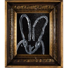 Hunt Slonem, "Nightwatch", Black and White Bunny Oil Painting in Antique Frame
