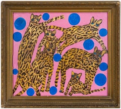 Hunt Slonem "Ocelots Blue Pearl" Pink Wild Cats