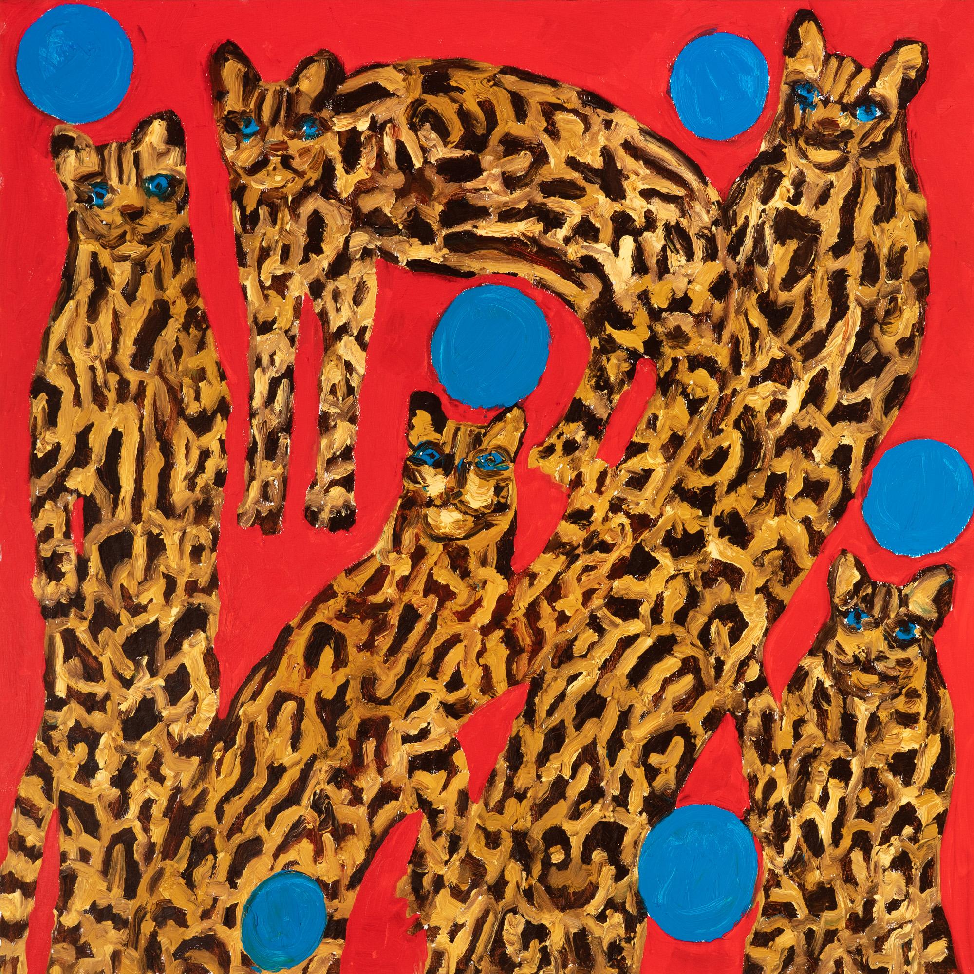 "Ocelots" is an unframed oil on canvas painting by Hunt Slonem, depicting a group of ocelots with 6 blue floating balls against a red background. The artist's expressive brushstrokes and electric primary colors evoke a sense of whimsy and play