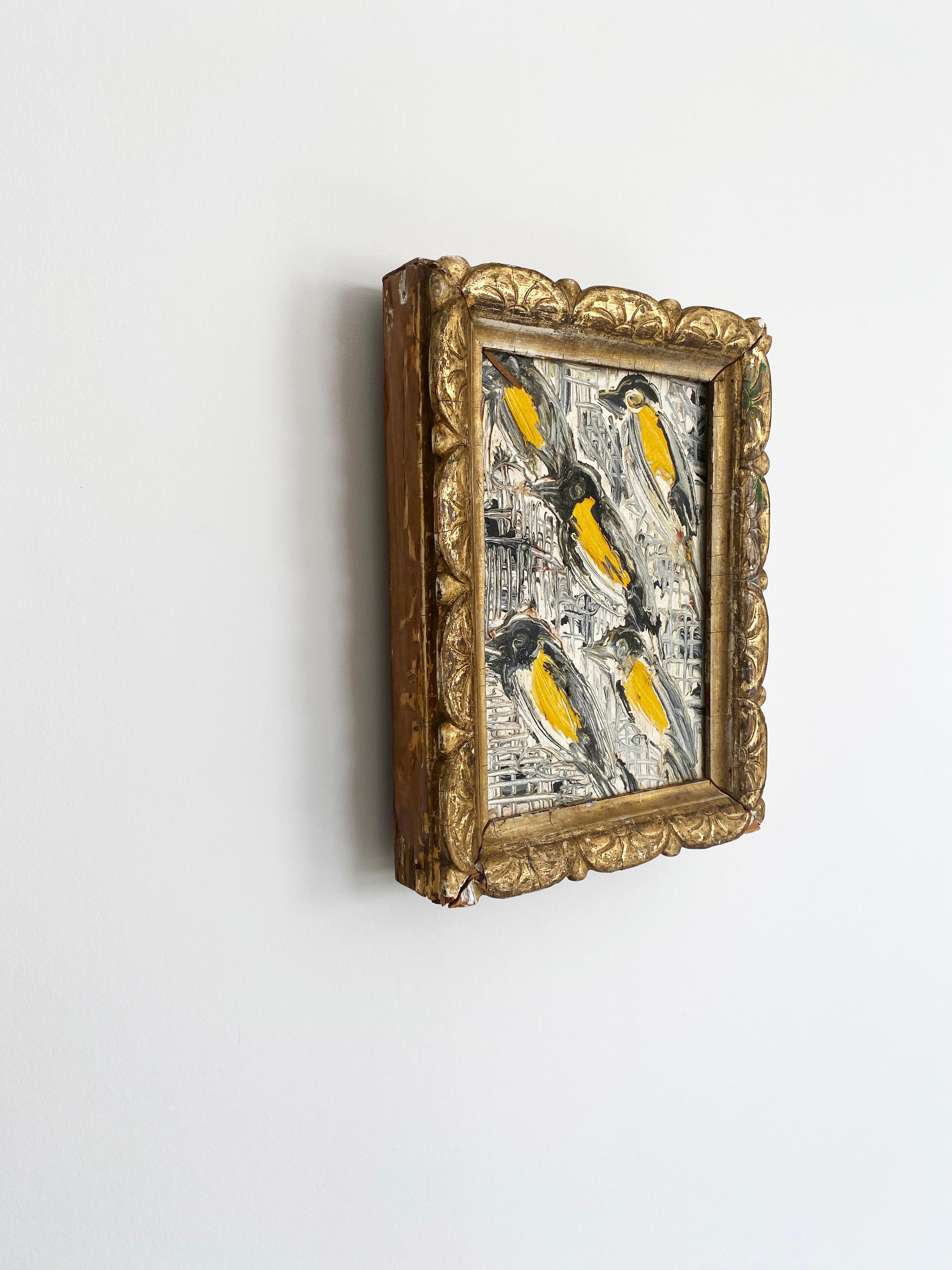 Hunt Slonem Pittura a olio 'Fringuelli' con cornice dorata 2