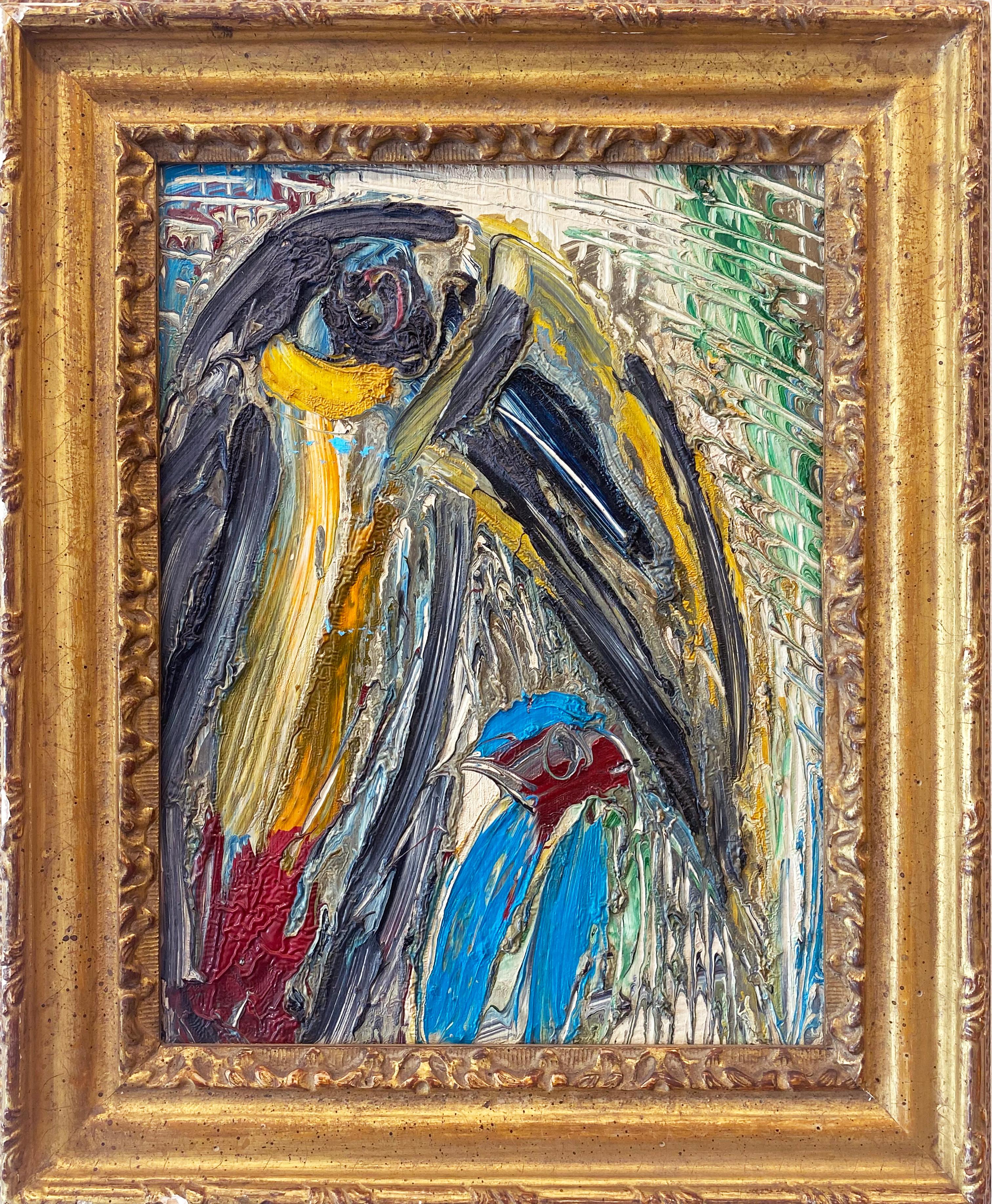 'Senza titolo' di Hunt Slonem, 1995. Olio su pannello, 12 x 9,5 pollici. / Cornice: 16 x 13 pollici. Firmato sul retro. Questo quadro presenta un affascinante ritratto di uccelli colorati. Gli uccelli sono dipinti in una tavolozza di colori in