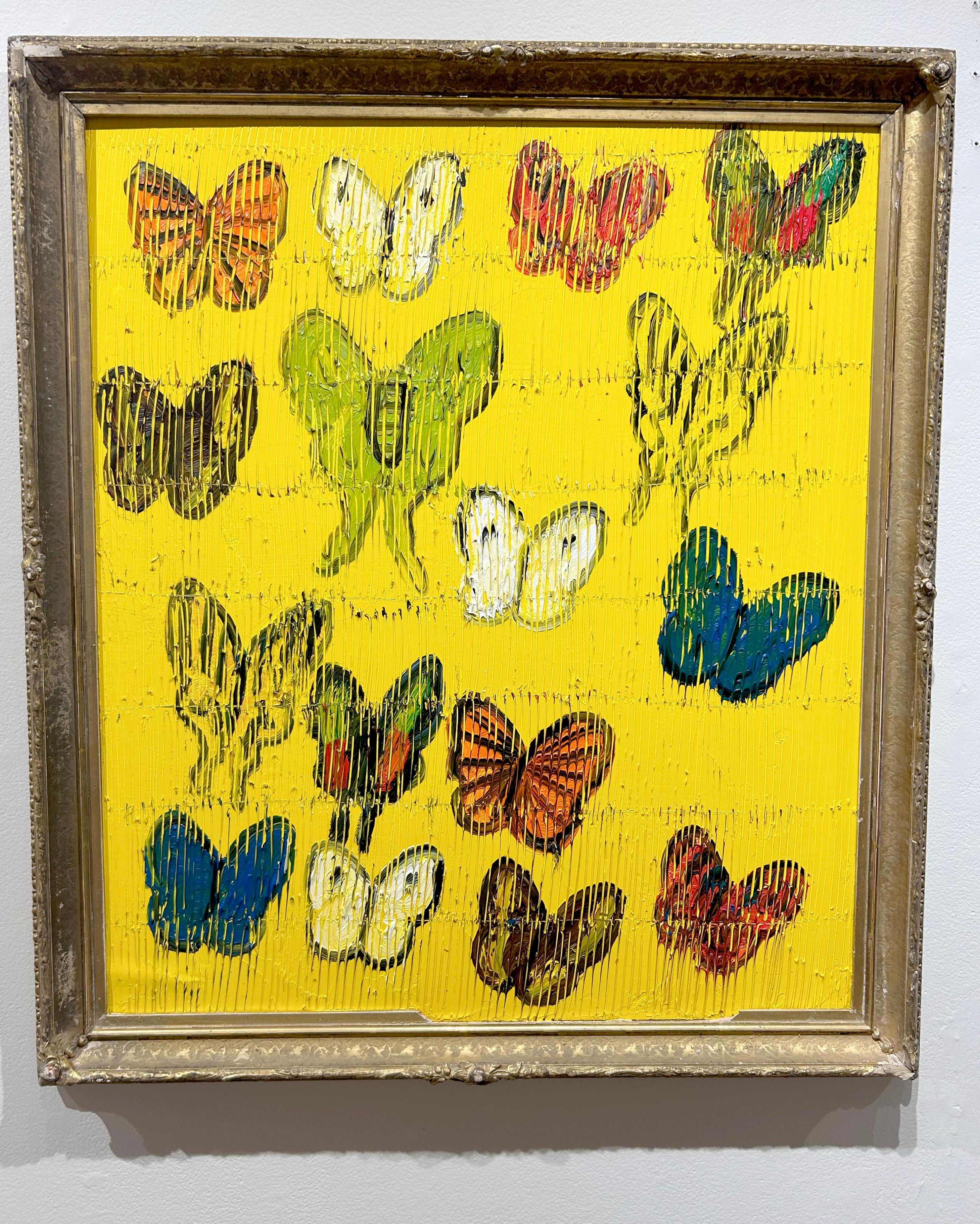 Hunt Slonem, „Eine Luna und ein Monarch“, gelbes, farbenfrohes Ölgemälde mit Schmetterling  im Angebot 1
