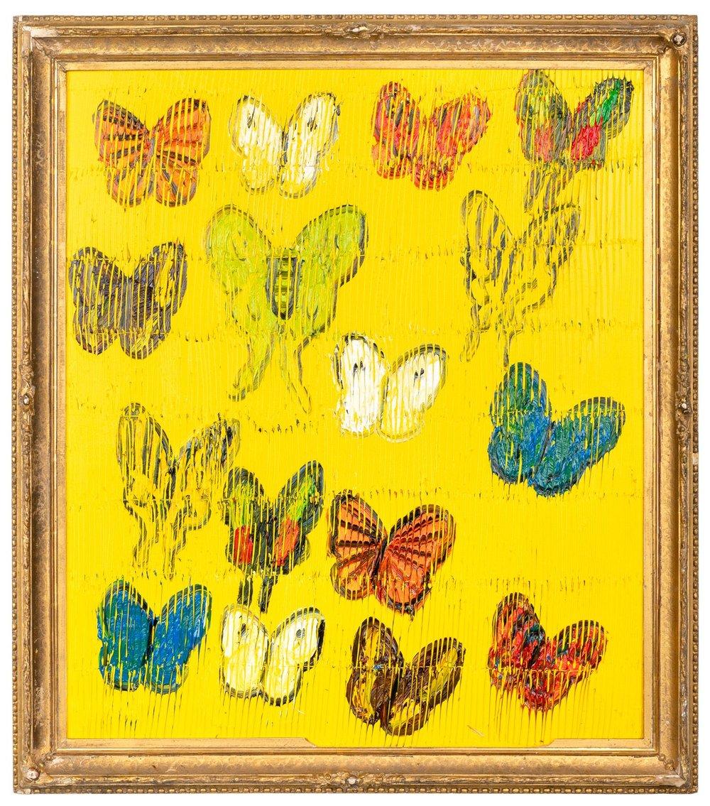 Renowned artist Hunt Slonem's "One Luna and Monarch" is a 30x26 colorful yellow scored oil painting on wood board of contemporary abstract butterflies in multiple colors in his choice of antique framing. 

*Painting is framed - Please note that not