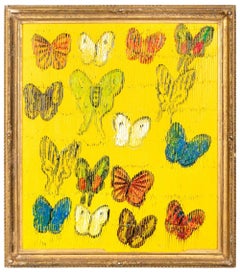 Hunt Slonem, "Une Luna et un Monarque", peinture à l'huile jaune de papillons colorés 