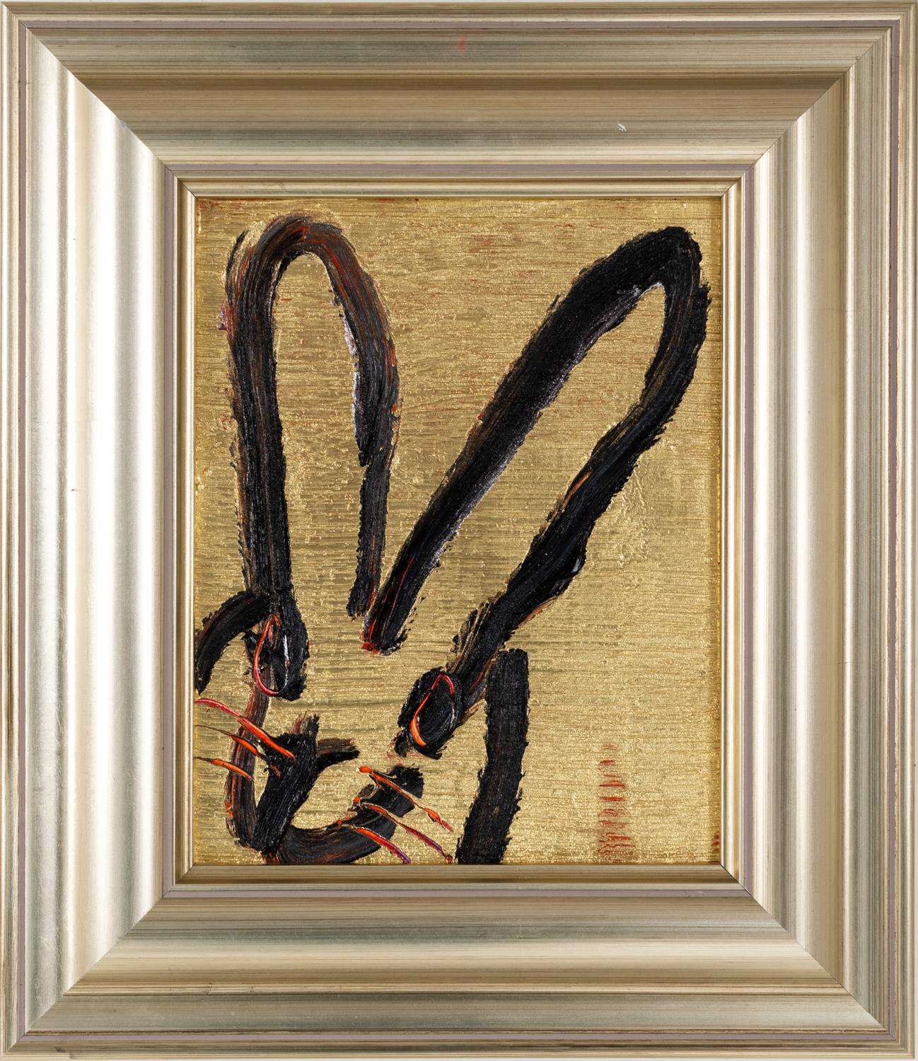 Hunt Slonem "Ong" Black Outline Bunny On Gold Background