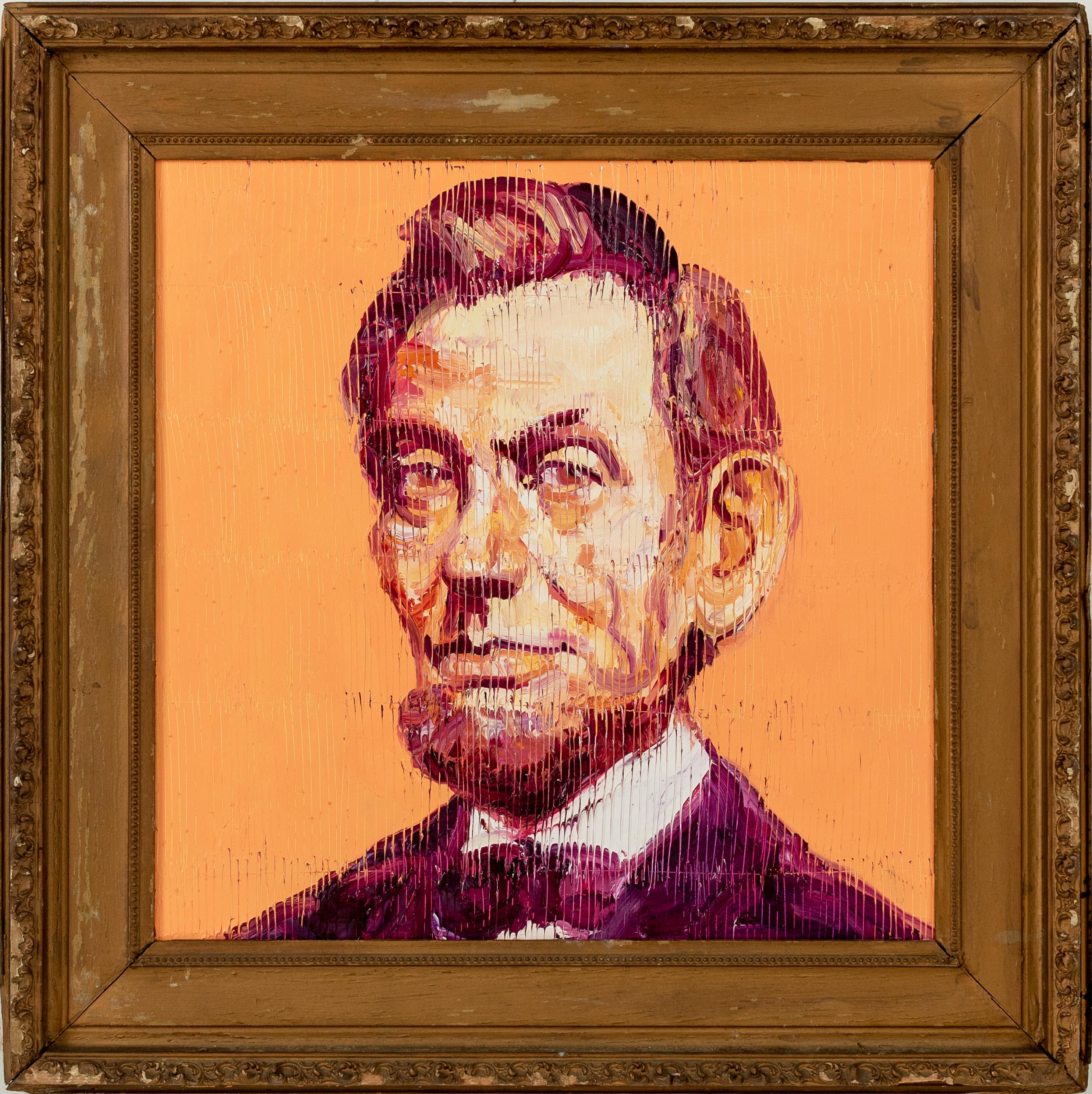 Hunt Slonem "Orange Lincoln" Peach Orange Abraham Lincoln
Peach / Orange Abraham Lincoln in a peach etched background in an antique wooden frame

Unframed: 20.25 x 20.25 inches  
Framed: 28 x 28 inches 
*Painting is framed - Please note that not all