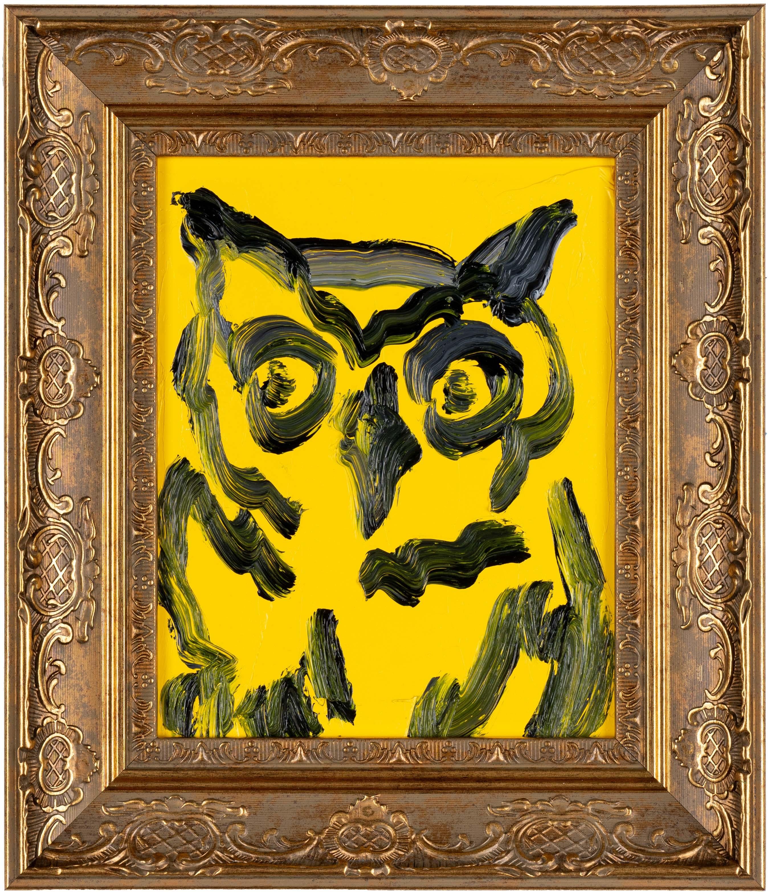 Hunt Slonem "Owl Seattle" Bird on Yellow
A back gestured owl on a yellow background. Framed in an antique gold wooden frame. 

Unframed: 10 x 8 inches
Framed: 14.5 x 12.5 inches
*Painting is framed - Please note Hunt Slonem paintings with frames may