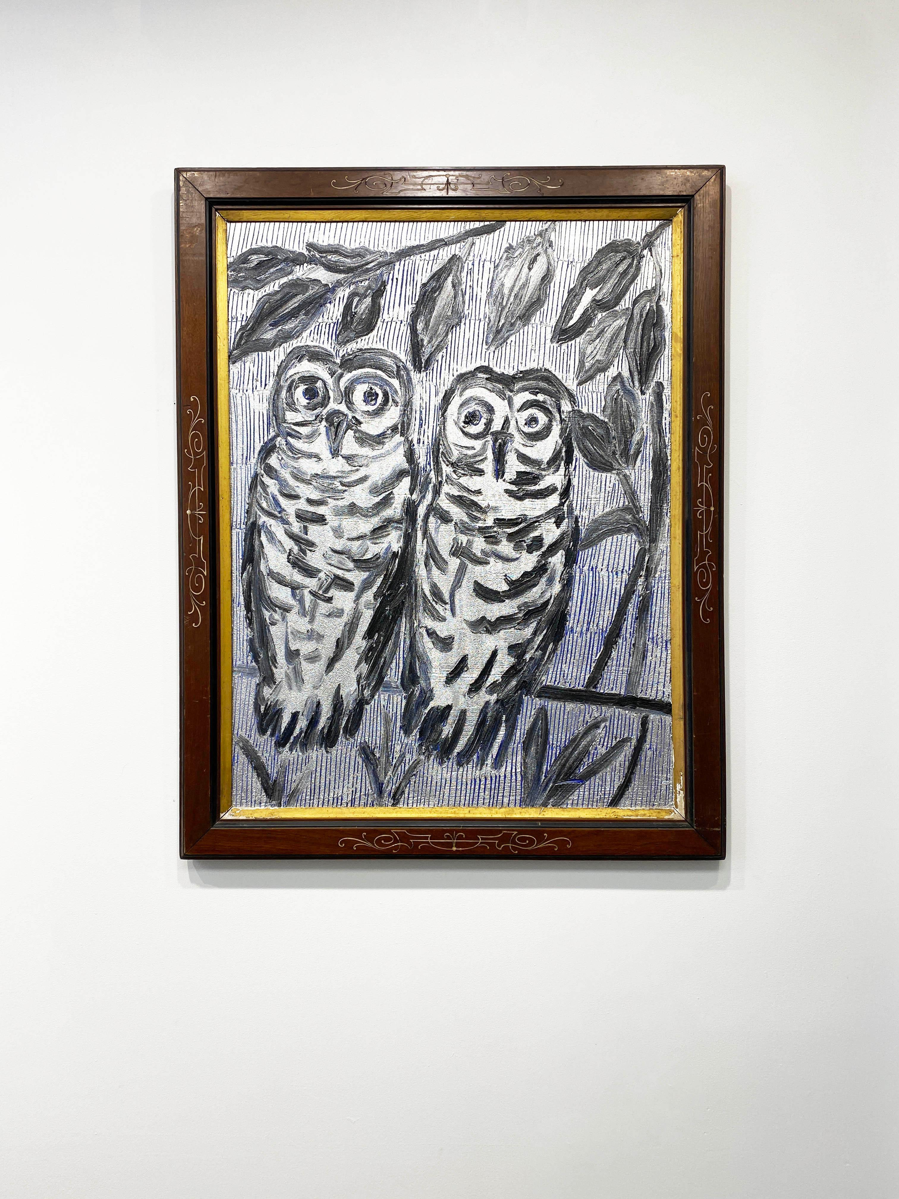 Hunt Slonem Black White Silver Owls Oil Painting 'Owls New Port' For Sale 1